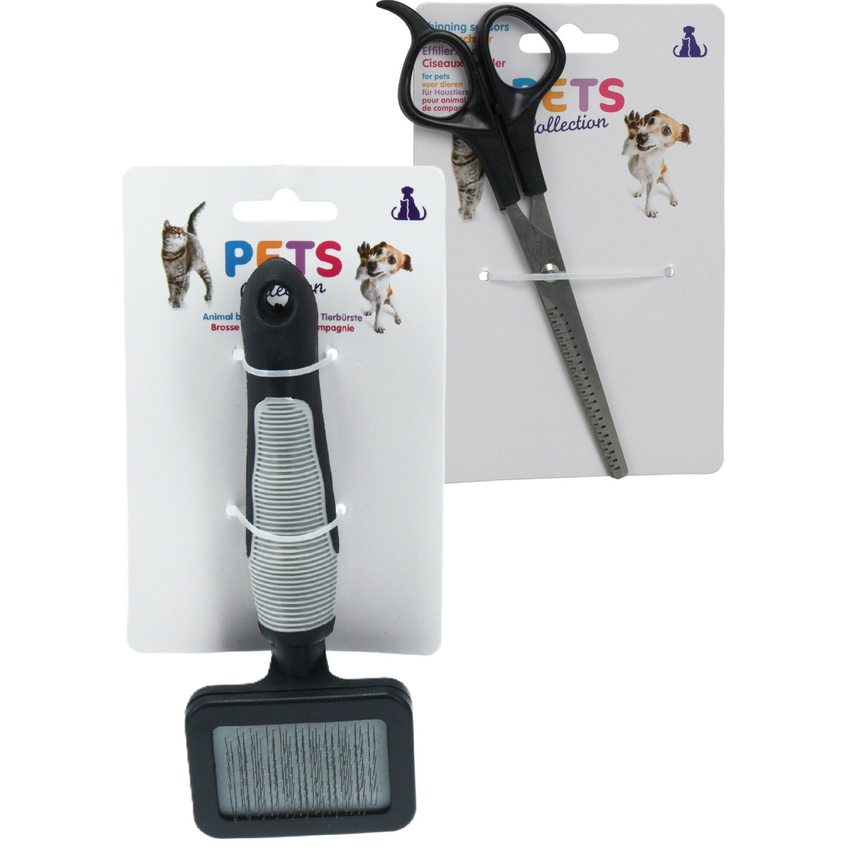 Pets Collection huisdieren vacht verzorg set - borstel en knipschaar - kat/hond - 18 cm -