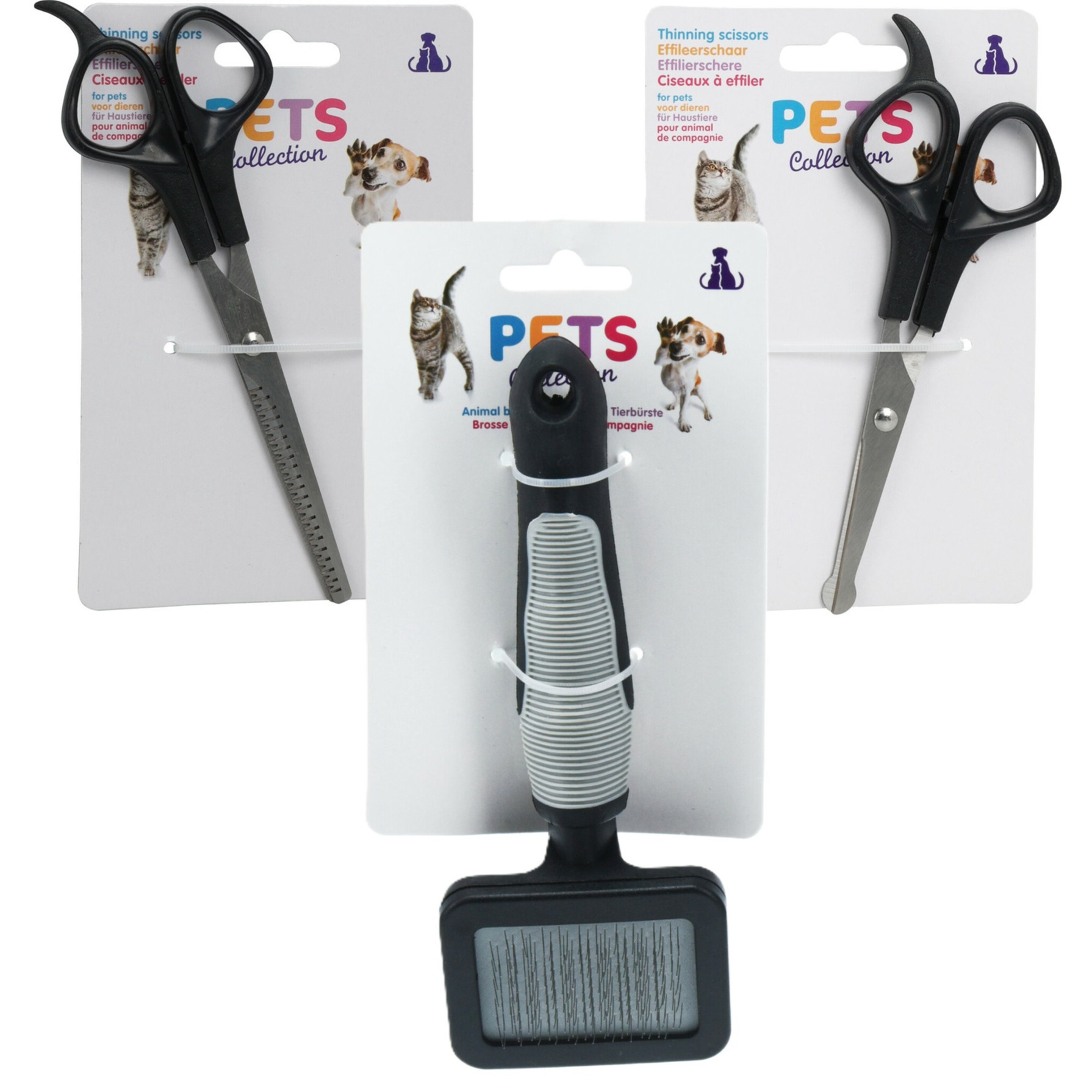 Pets Collection huisdieren knipscharen set - vacht/oren/neus - kat/hond - 18 cm - met vachtborstel -