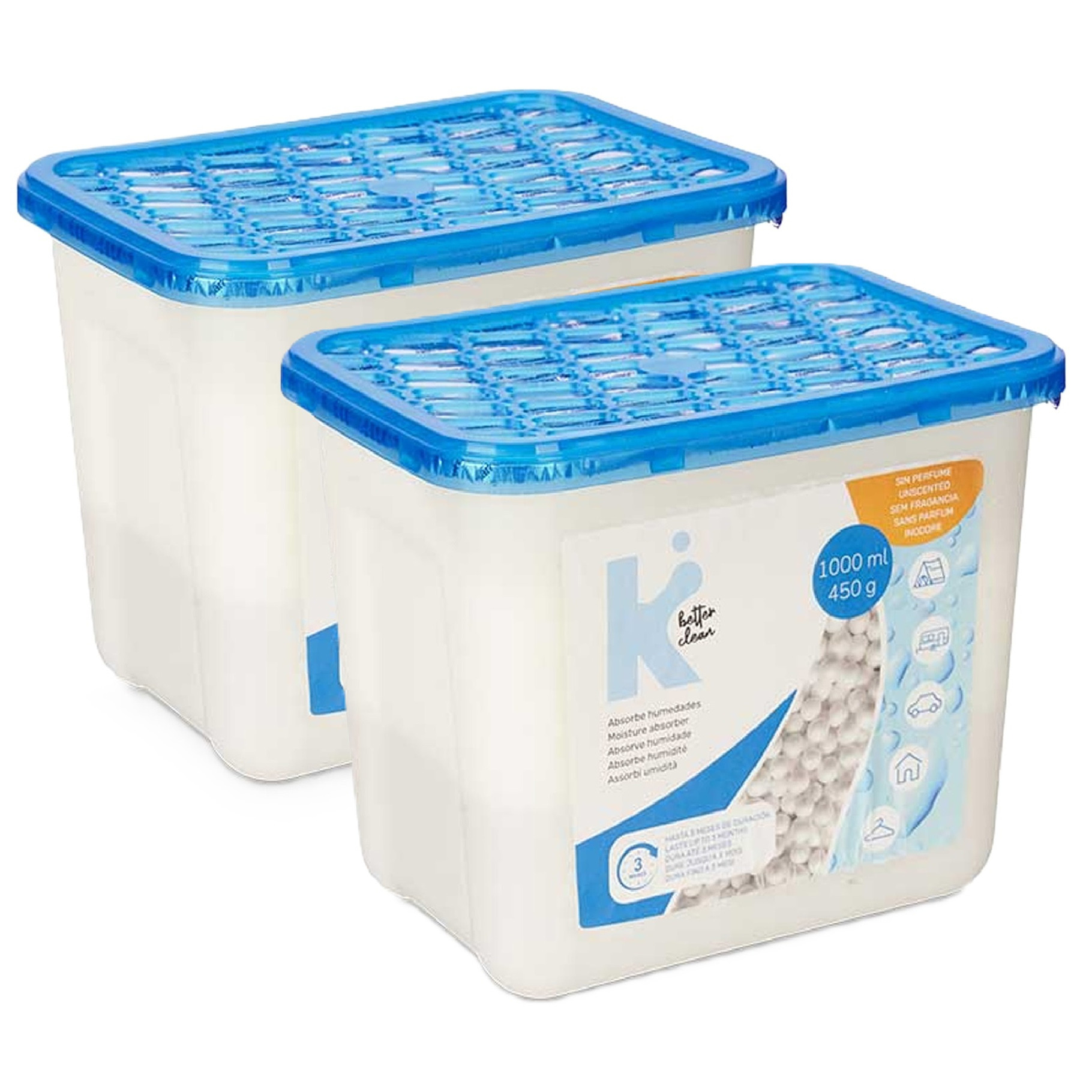 Vochtvanger 1000ml - 2x - opneem korrels - Tegen schimmel/condens/geur - kelder/garage/huis/kasten -