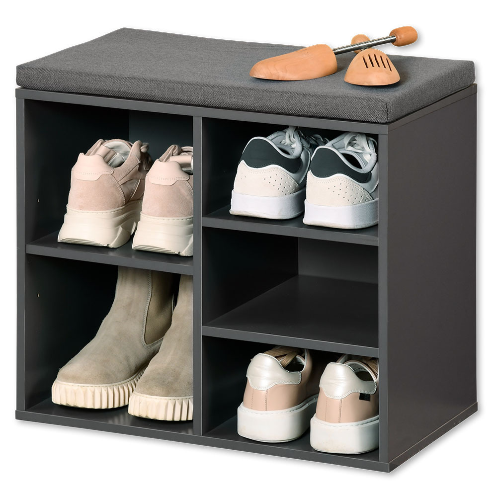 Schoenenrek/schoenenkast met zitvlak - donkergrijs - 5 paar schoenen - hout - L51 x B30 x H48 cm -