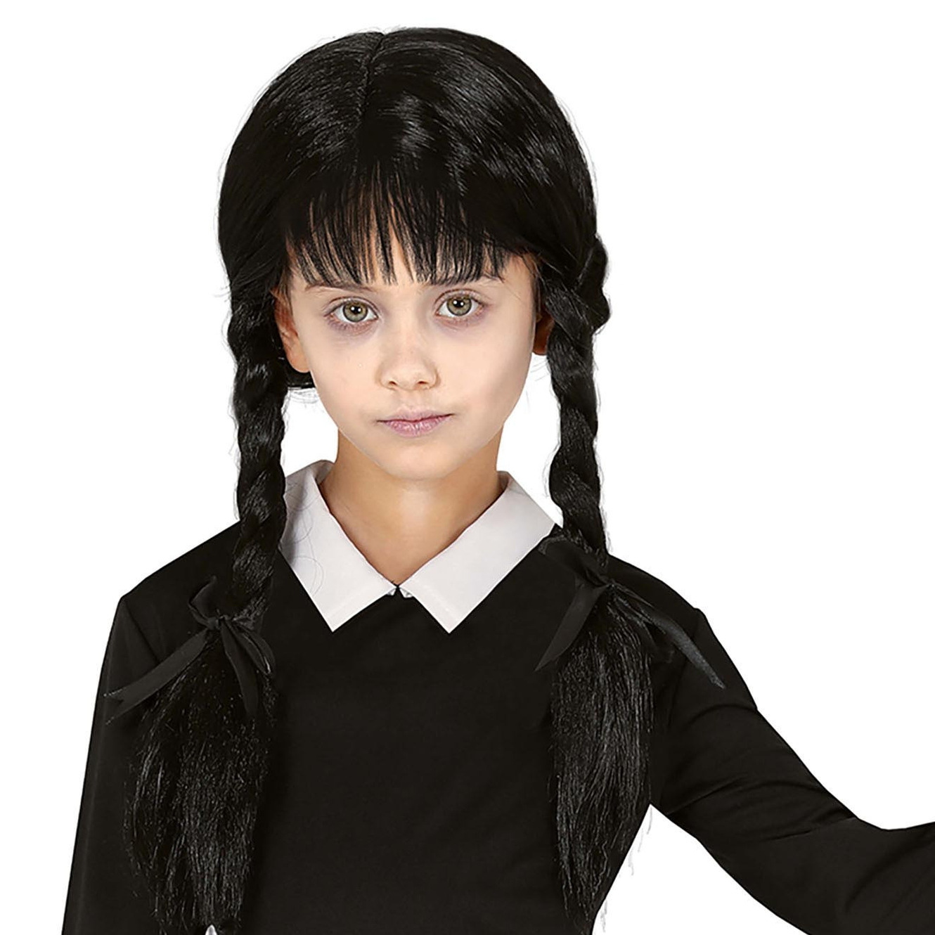 Fiestas Halloween verkleedpruik lang haar - zwart - meiden - Wednesday - vlechten -