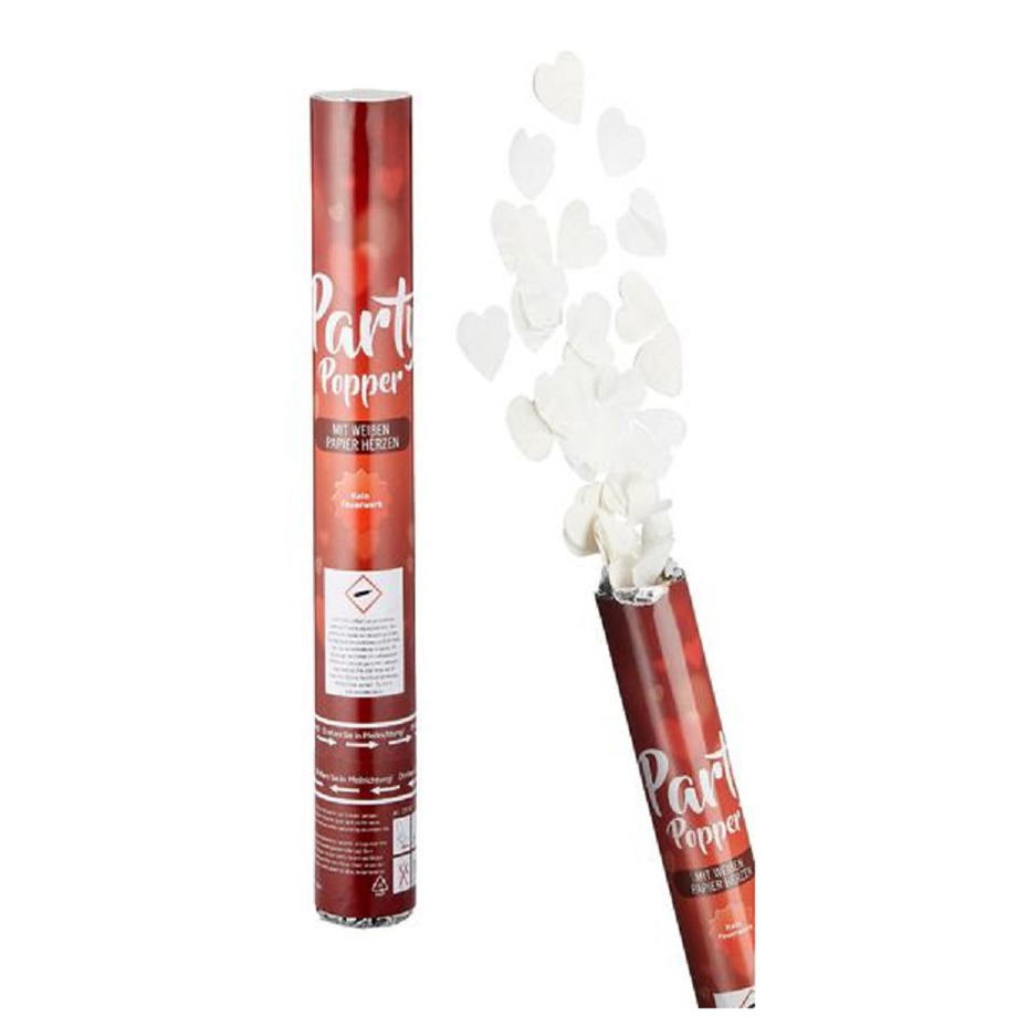 Party popper/confetti shooter - 2x - valentijn/bruiloft hartjes - papier - wit - 40 cm -