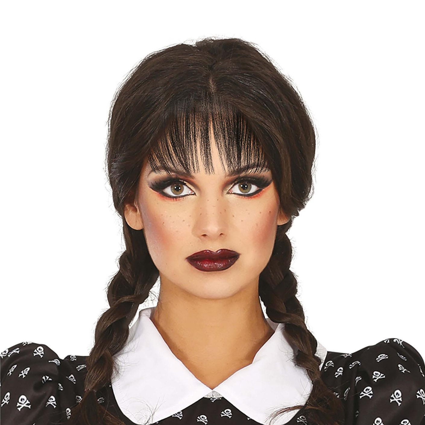 Fiestas Halloween verkleedpruik - lang haar - zwart - dames - Wednesday - vlechten -