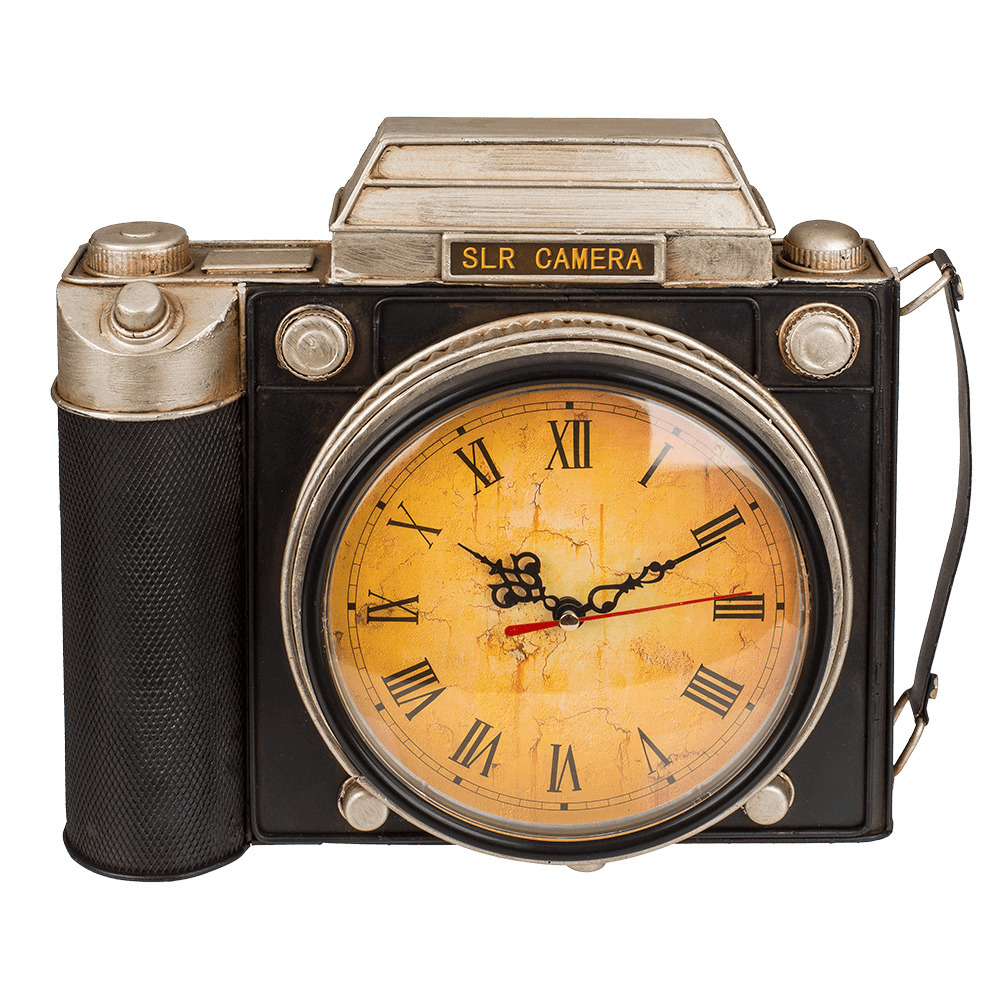 Sleutelkastje met een klok - retro camera - metaal - zwart/bruin - 23 x 29 cm -