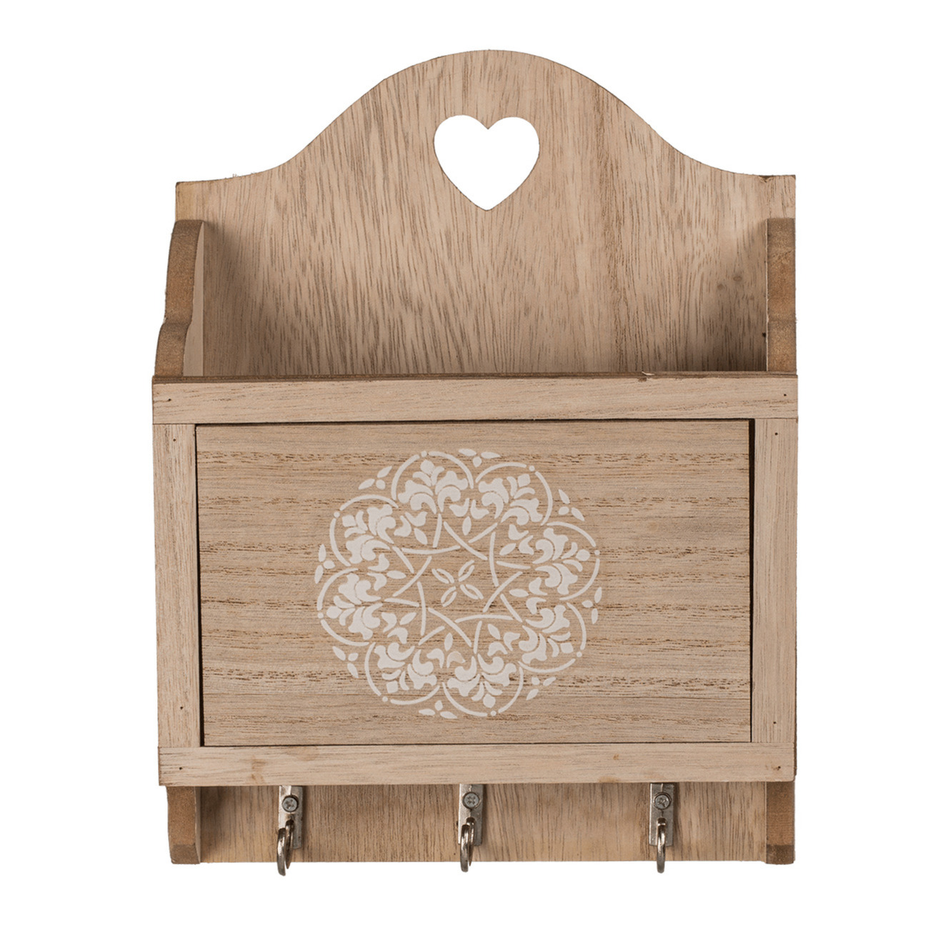 Sleutelkastje Mandala design - hout - bruin - 18 x 20 cm - 3 sleutelhaakjes -