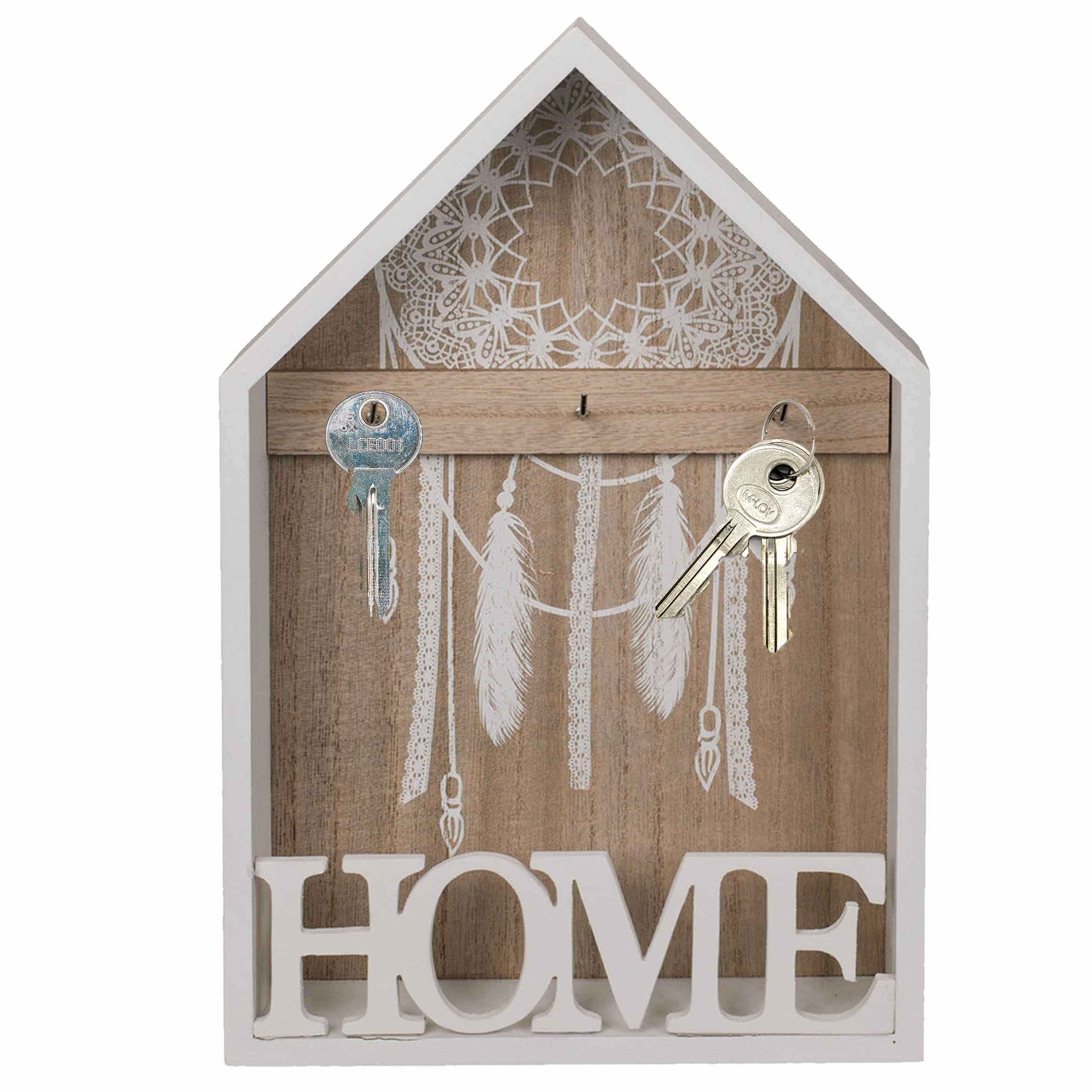 Sleutelkastje Dromenvanger design - hout - wit - 30 x 20 cm - 3 sleutelhaakjes -