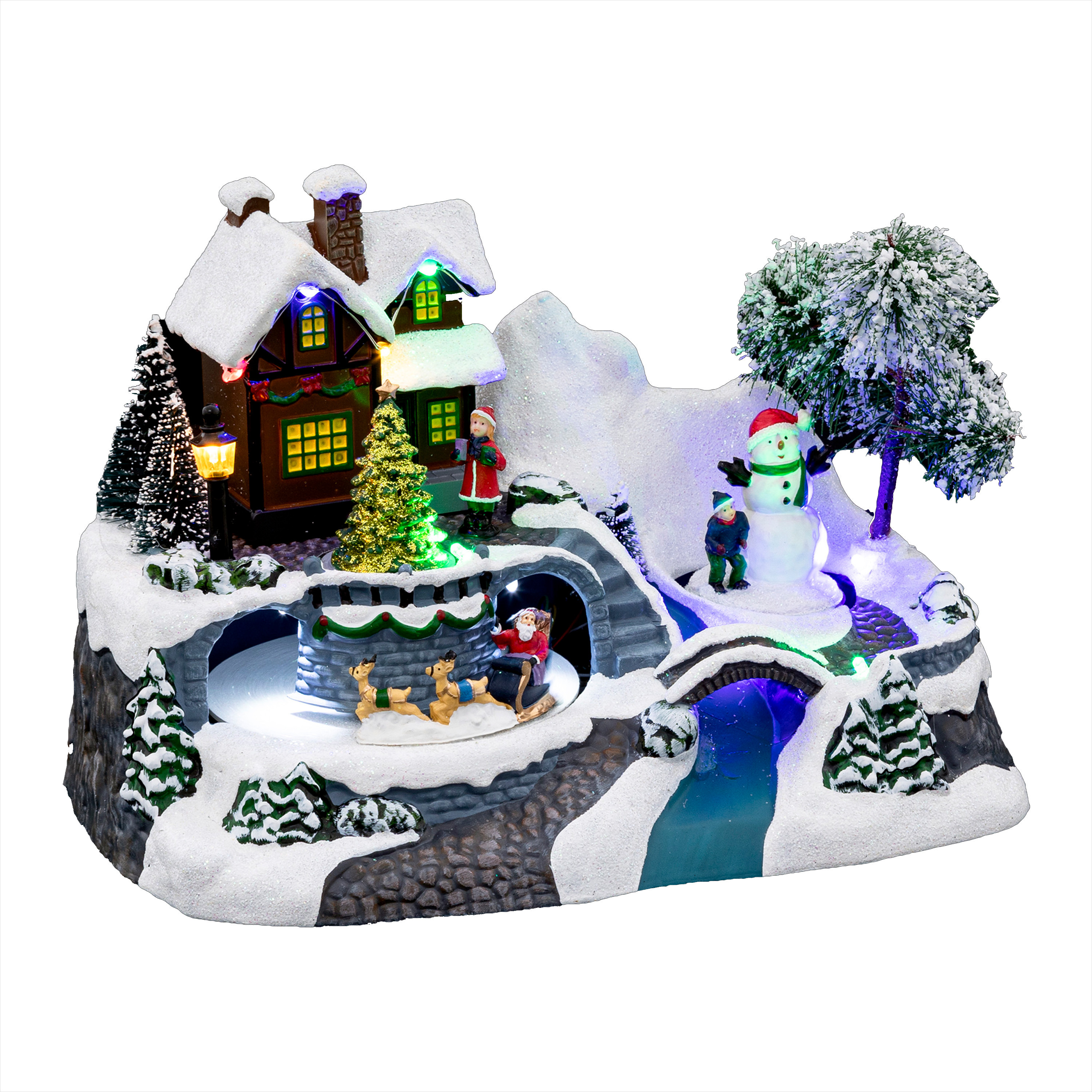 Kerstdorp kerst tafereel - geanimeerde kerstman slee - met led verlichting - 24 cm -