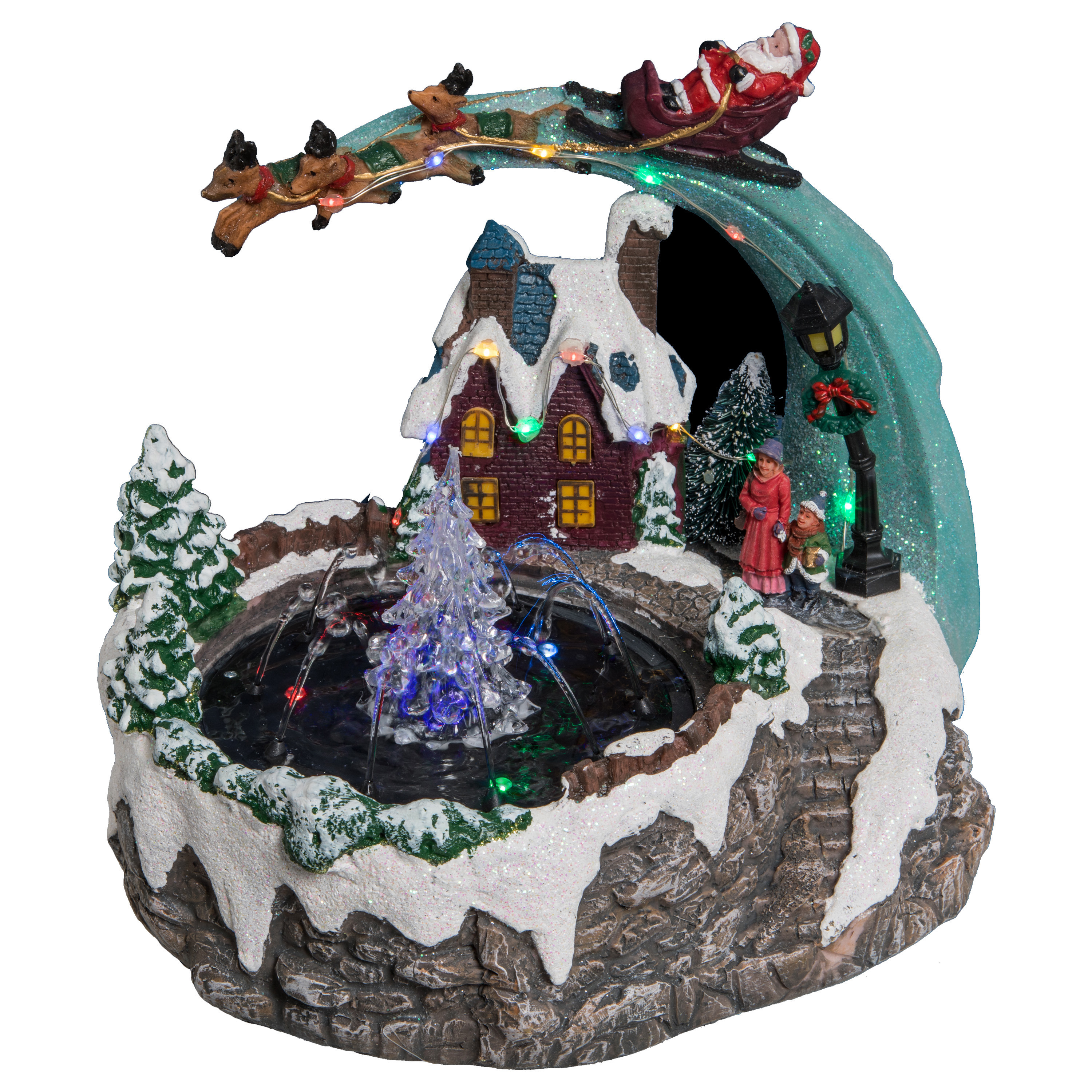Kerstdorp kerst tafereel - fontein en slee - met led verlichting - 25 cm -