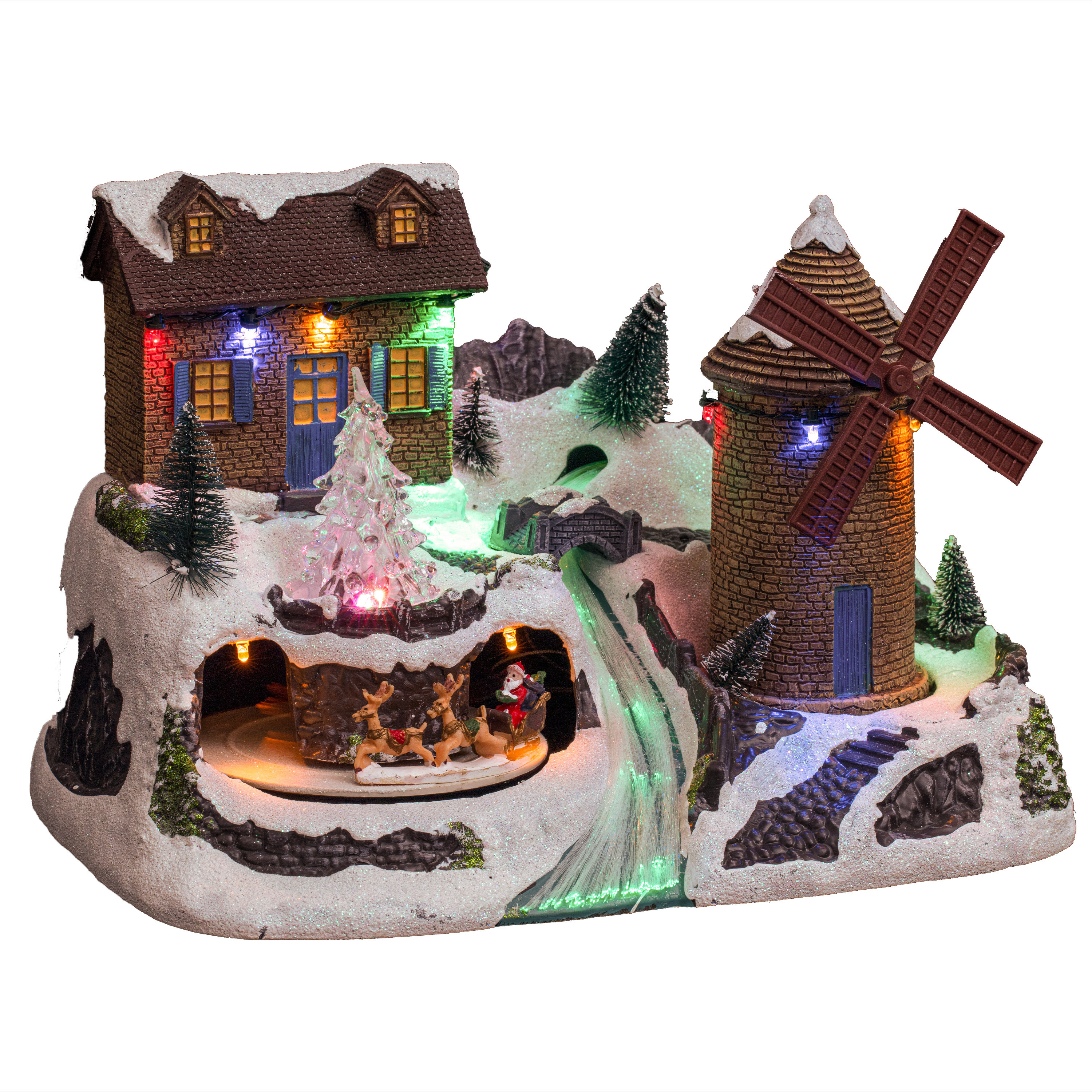 Kerstdorp kerst tafereel - geanimeerde huis en molen - met led verlichting - 31 cm -