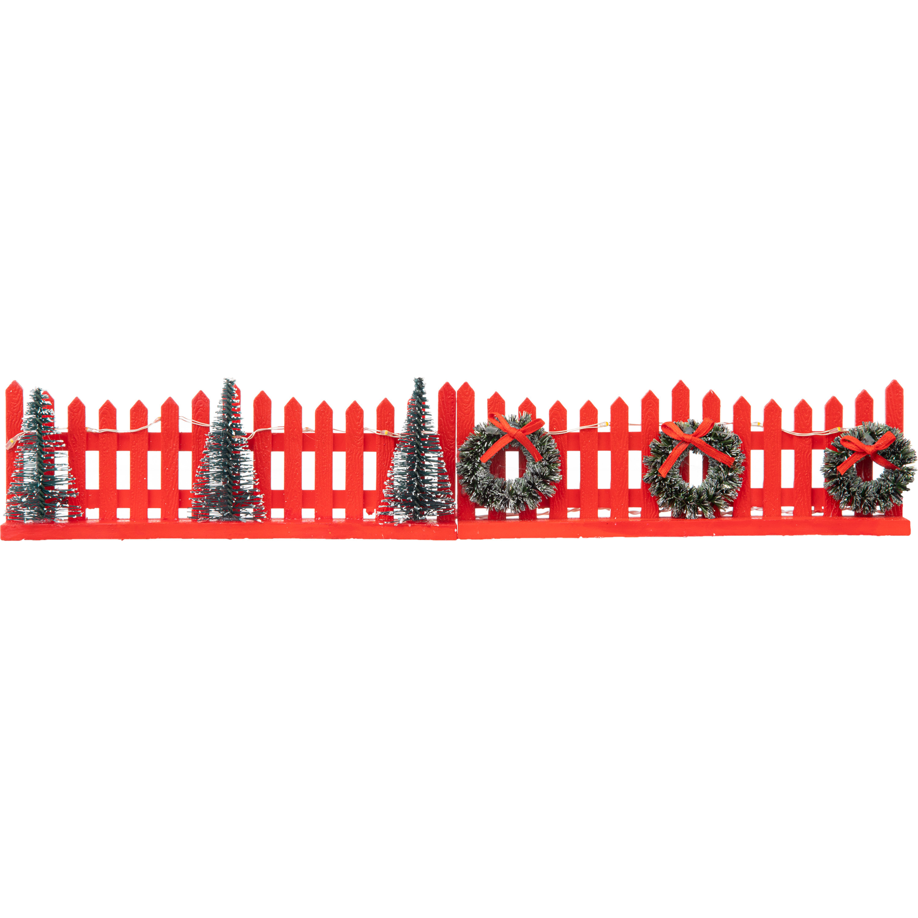 Kerstdorp hekjes - 2x - rood - met led licht - 15 x 2,5 x 6 cm - kunststof - omheining -