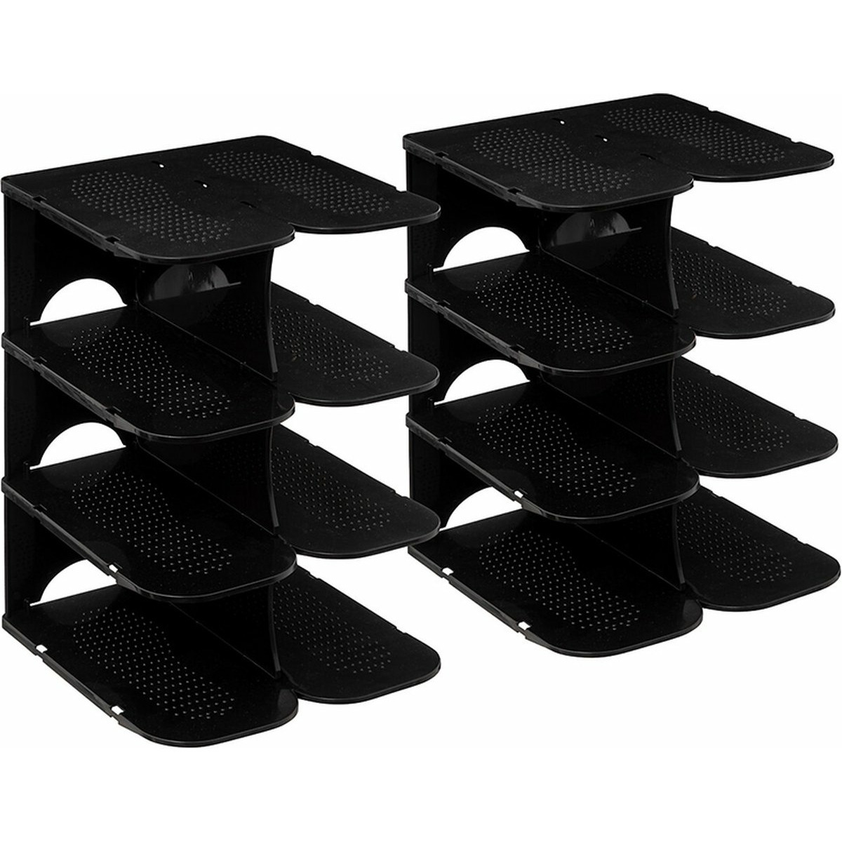 Schoenenrek - 2x - verticaal - stapelbaar - zwart - kunststof - 27 x 25 x 38 cm - ruimtebesparend/op -