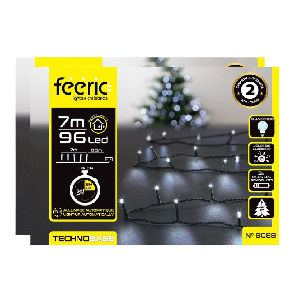Kerstverlichting - 2x - helder wit - 7 meter - 96 led lampjes - zwart snoer - op batterijen -