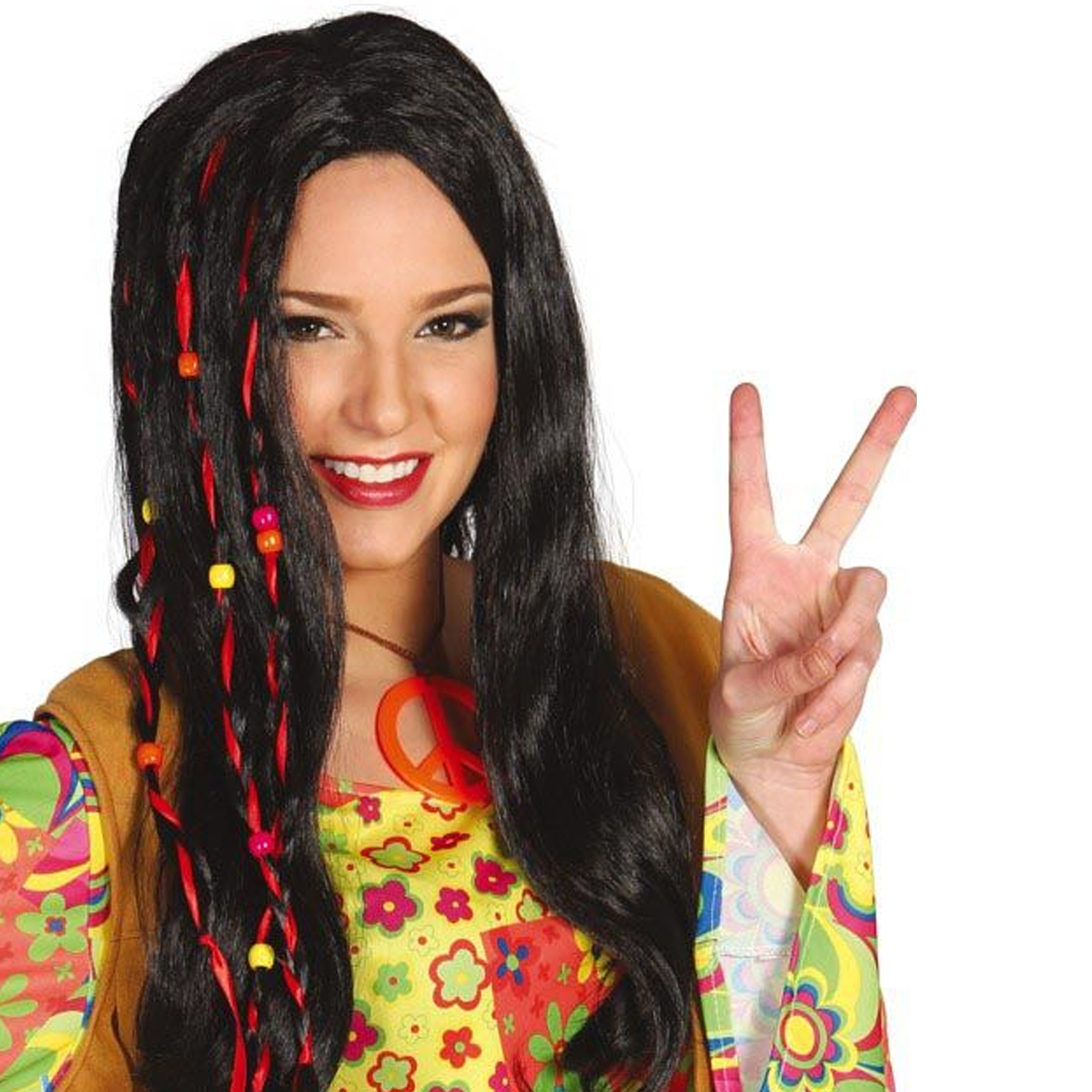Verkleed pruik jaren 70 voor dames - hippie stijl - zwart - stijl - met kralen - thema feest -