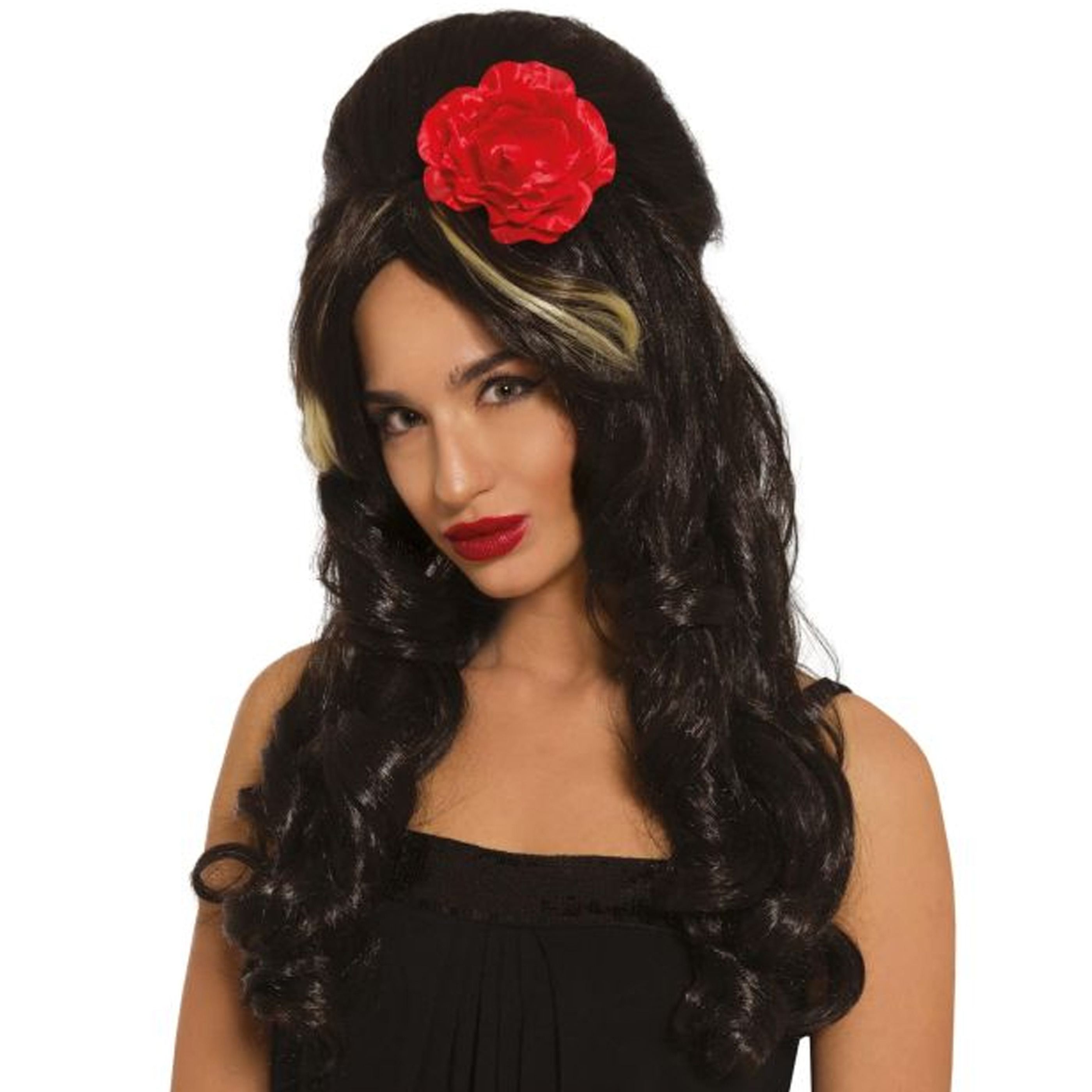 Verkleed pruik Amy Winehouse - met rode roos - bruin met witte lok - popster -