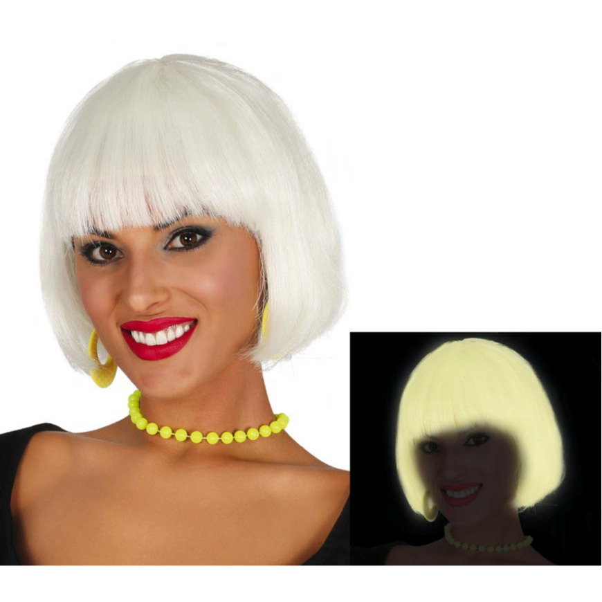 Fiestas Guirca - Glow in the dark pruik - kort haar - wit - dames - Halloween/spook/heks -