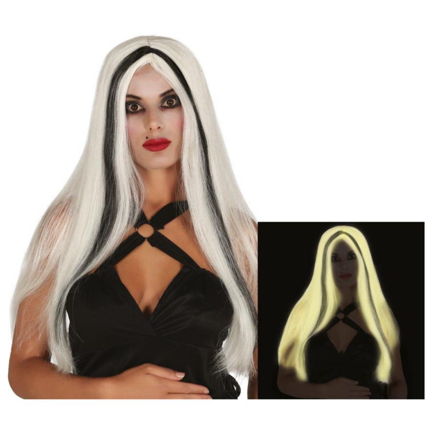 Fiestas Guirca - Glow in the dark pruik - lang haar - wit - dames - Halloween/spook/heks -