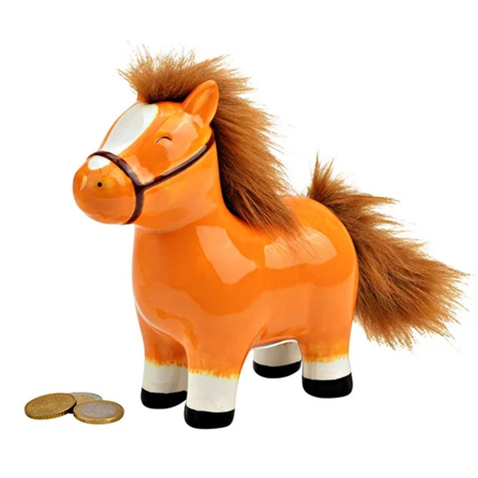 Paarden spaarpot - bruin - 16 x 17 x 7 cm - keramiek - kinderen/volwassenen - dieren thema -