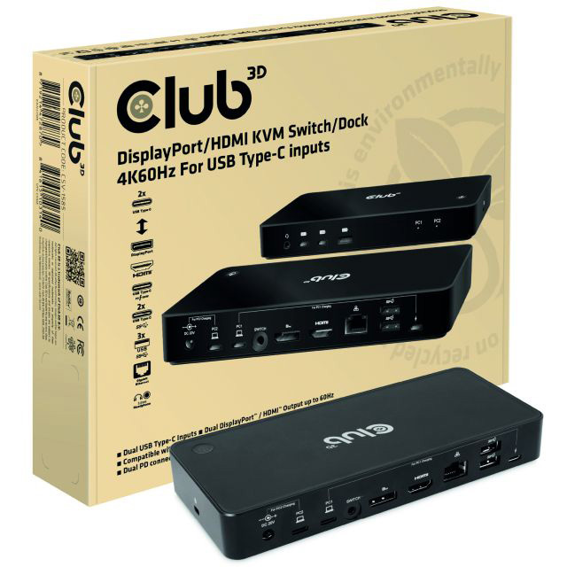 Club 3D DisplayPort/HDMI Dock 4K60Hz dockingstation met KVM-functionaliteit