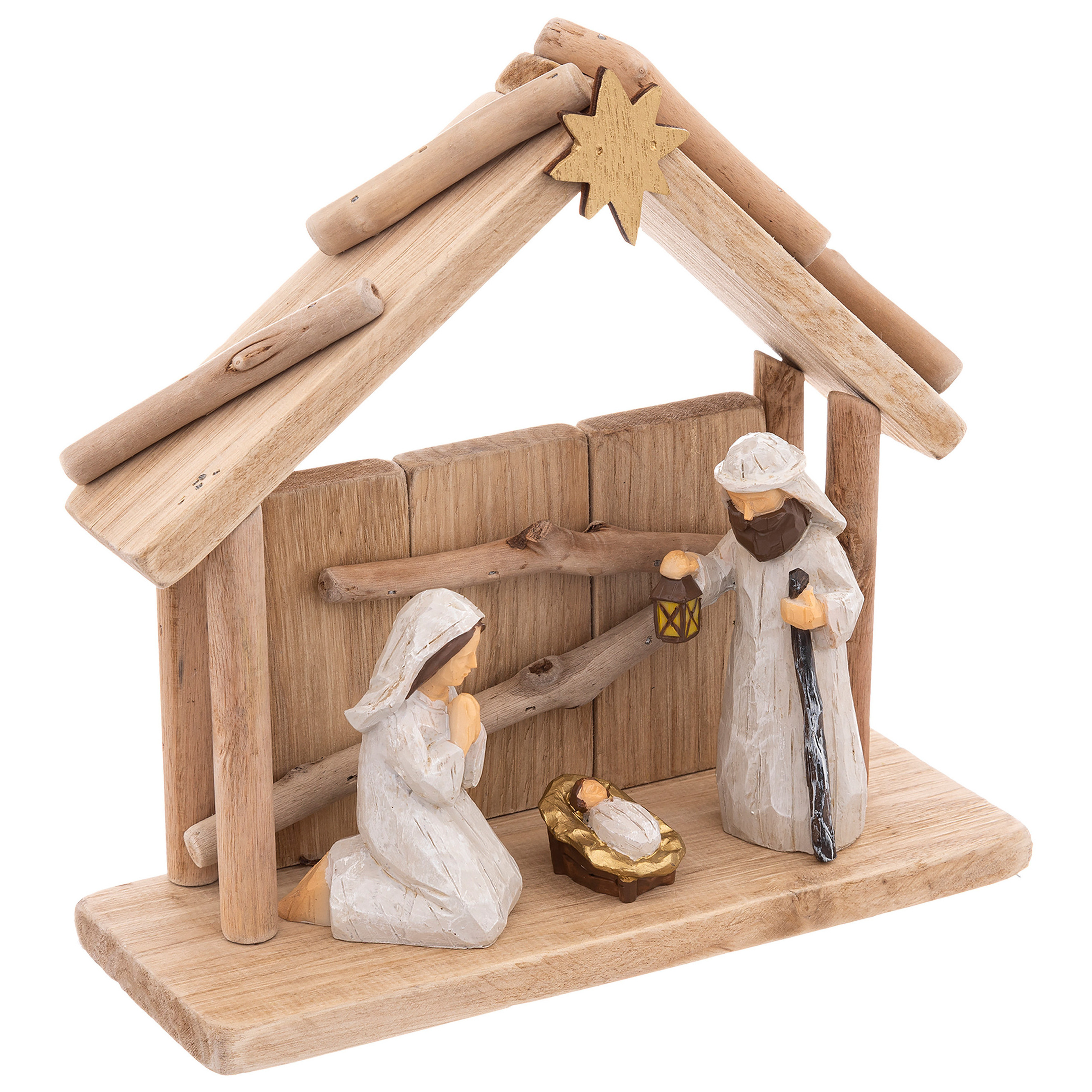 Kerststalletje - met beeldjes - L20 x B8 x H19,5 cm - hout/polyresin -