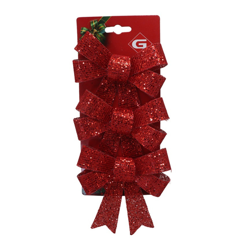 Decoratie strikken - 3x st - rood - 10 x 13 cm - glitters -