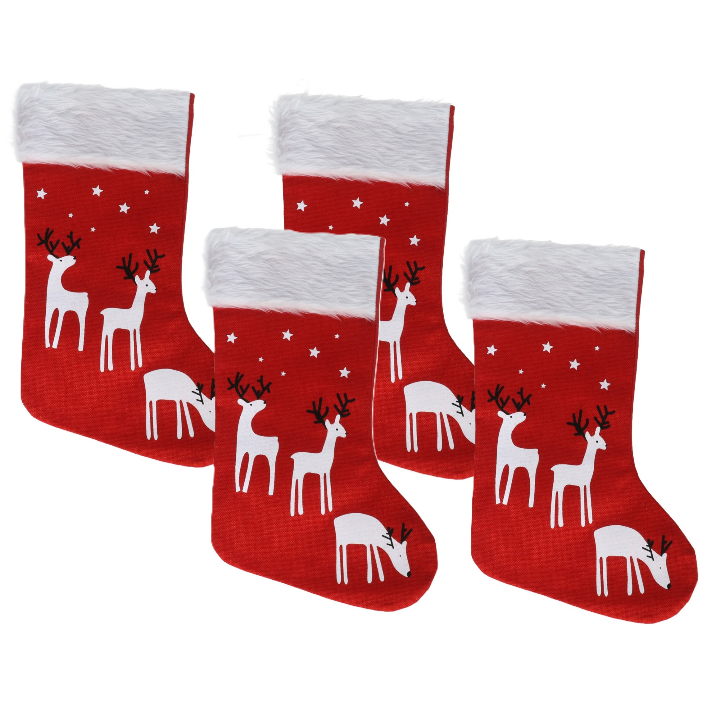 Decoratie kerstsokken - 4x - rood - B27 x H46 cm - polyester - rendieren- kerstsokken -