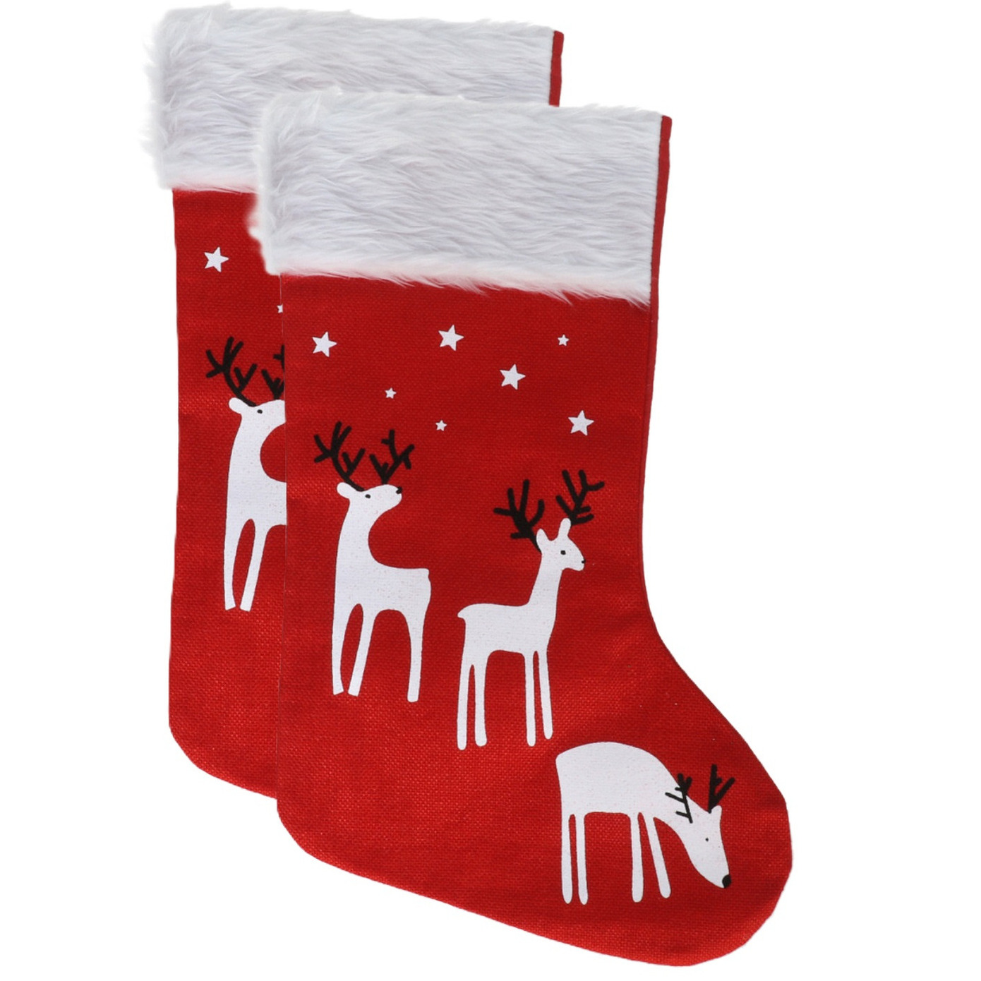 Decoratie kerstsokken - 2x - rood - B27 x H46 cm - polyester - rendieren- kerstsokken -