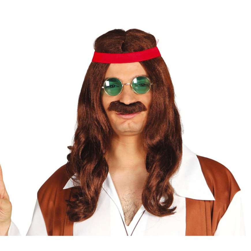 Fiestas Guirca Verkleed pruik heren Hippie - haar en snor met hoofdband - bruin - stoner/chong/70's -