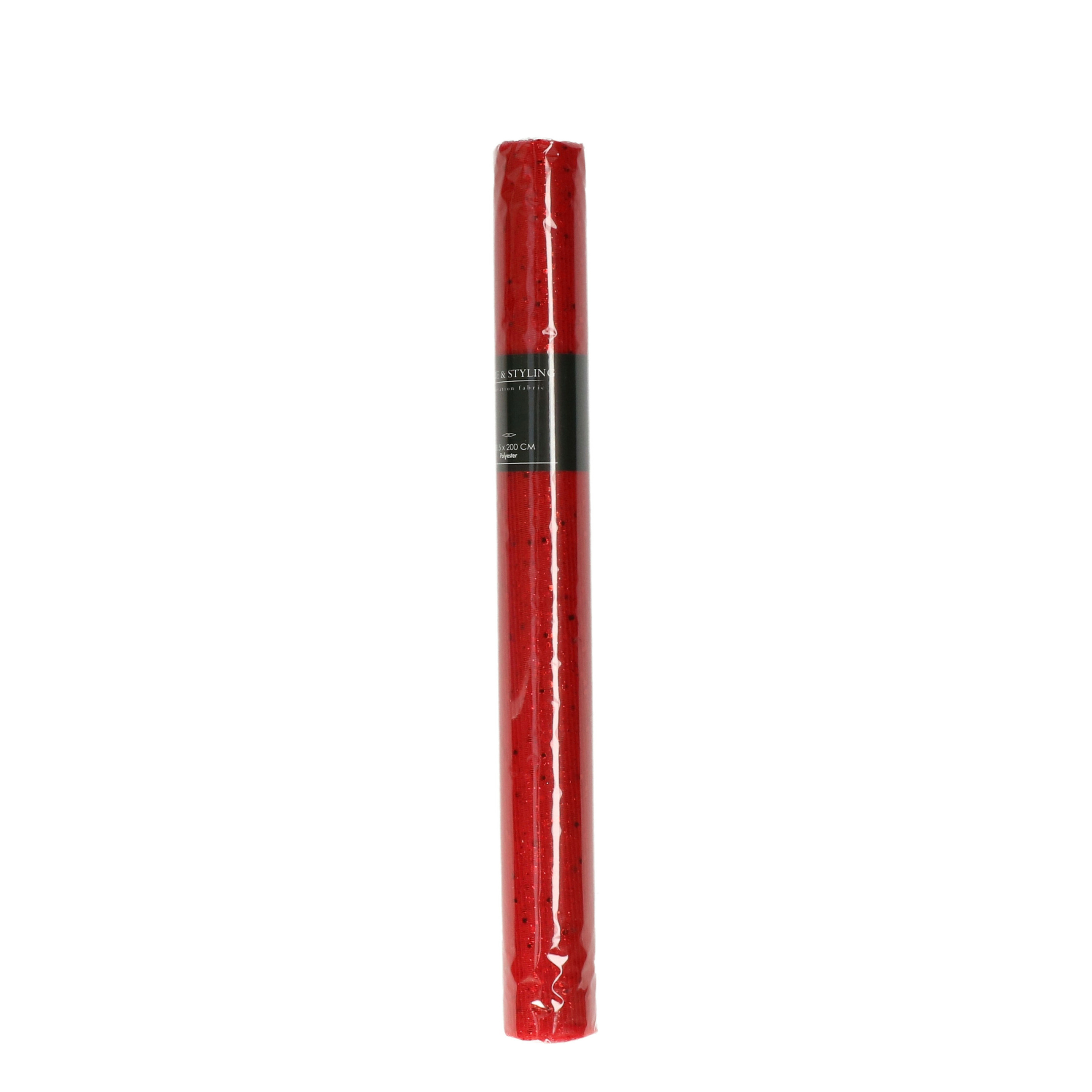 Decoratie stof/tafelloper - rood - pailletten - 38,5 x 200 cm -