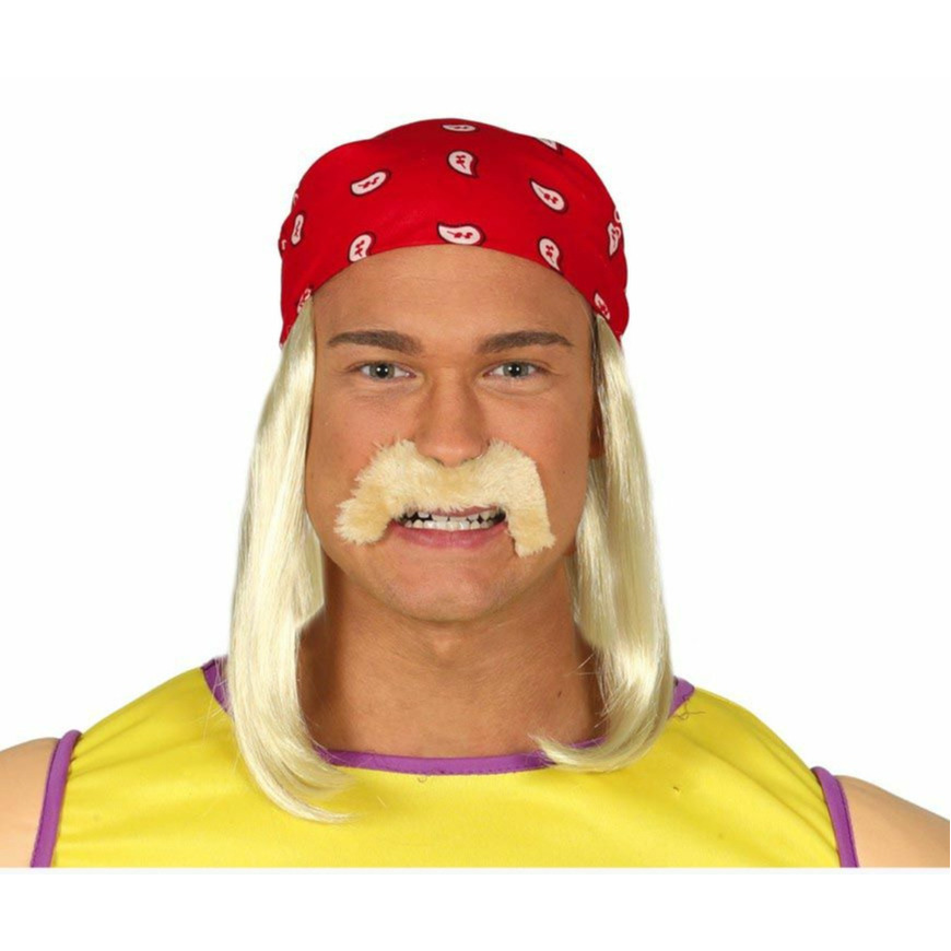 Verkleed set  pruik/hoofdband/snor Hulk - voor heren - blond - Amerikaanse worstelaar - bekend van t -