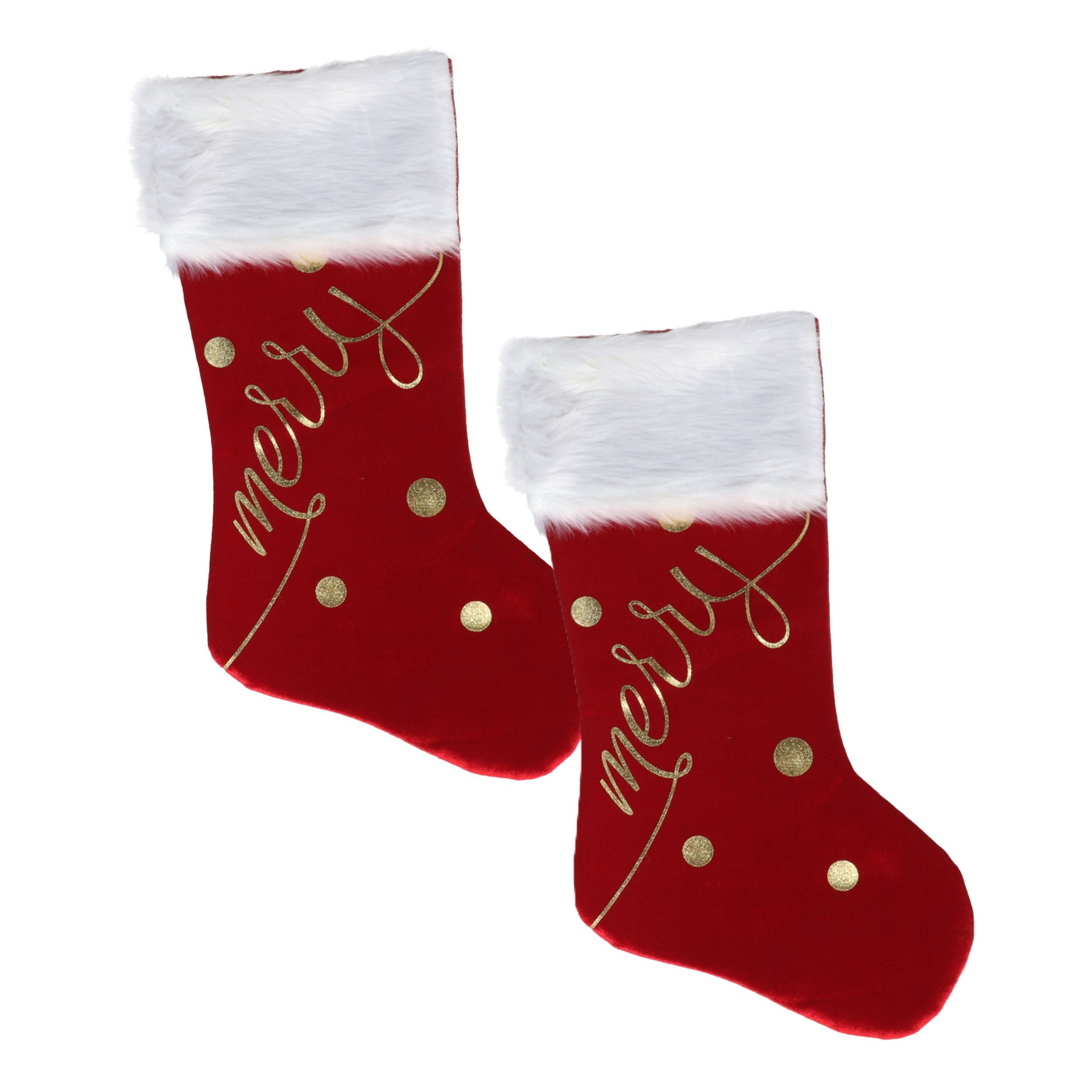 Decoratie kerstsokken - 2x - rood/goud - B27 x H46 cm - polyester - Merry -