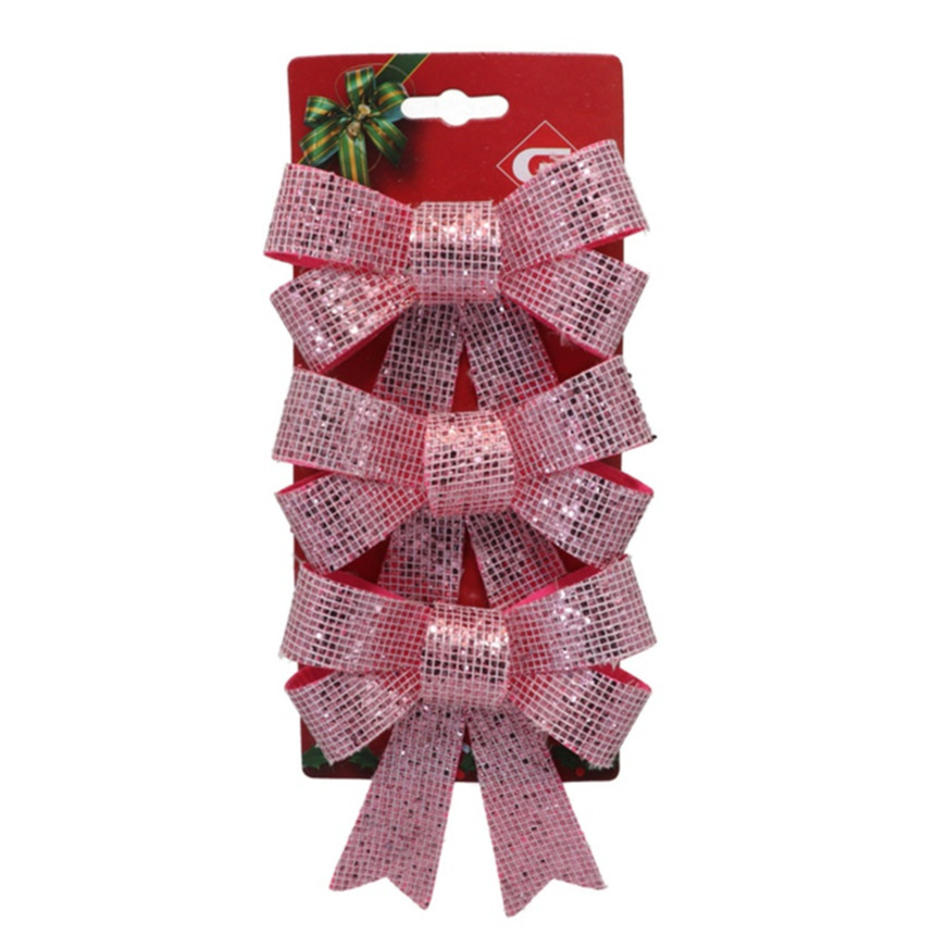 Decoratie strikken - 3x st - roze - 10 x 13 cm - glitters -
