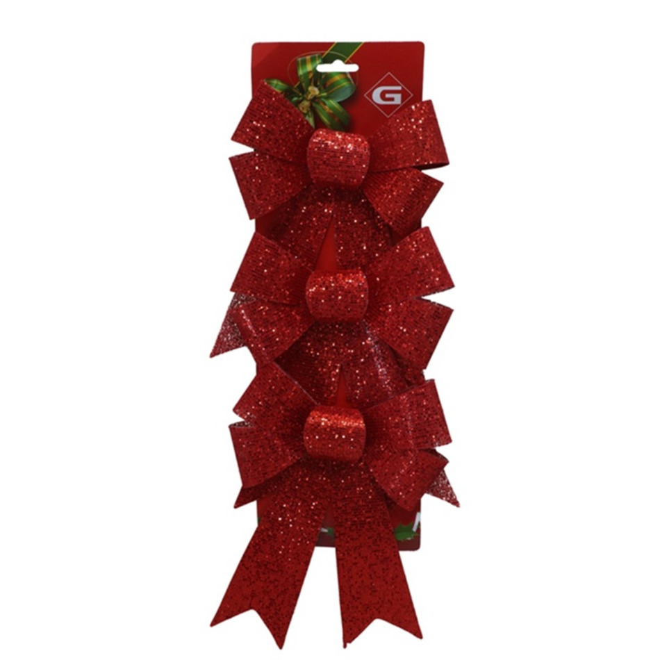Decoratie strikken - 3x st - rood - 15 x 24 cm - glitter strikjes -