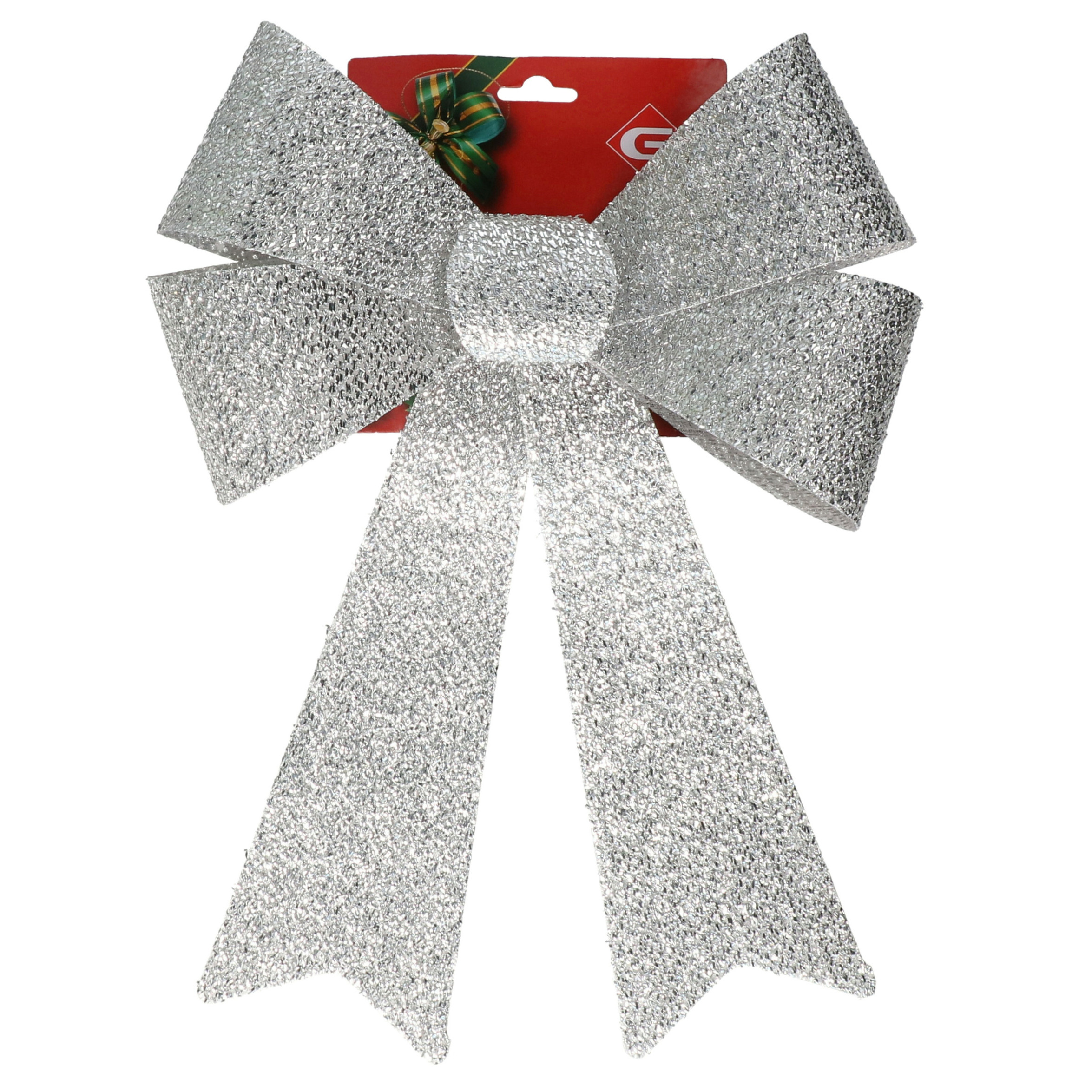 Grote decoratie strik - 42 cm - zilver - glitter - kunststof - kerststrik -