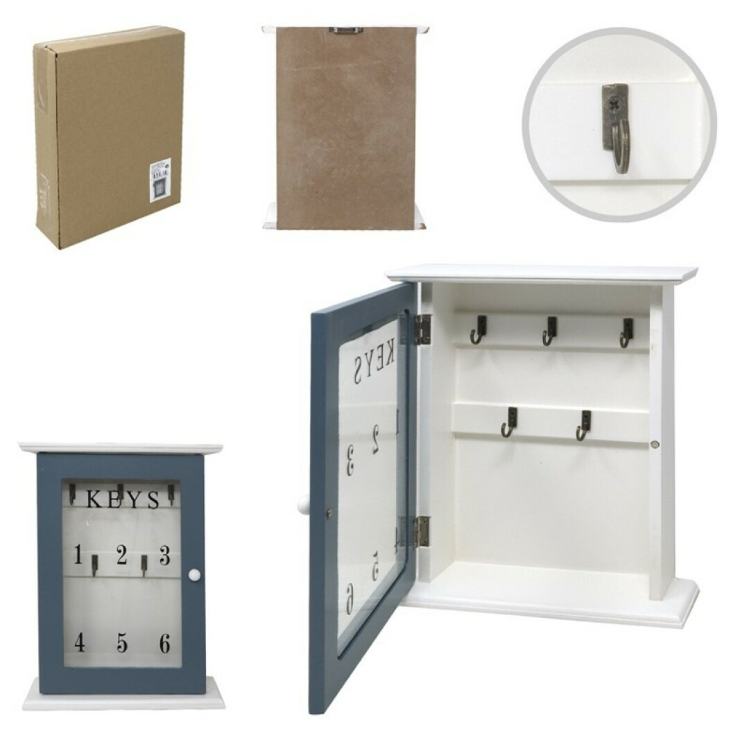 Sleutelkastje Keys design - hout - blauw/wit - 25,5 x 20 cm - 6 sleutelhaakjes -