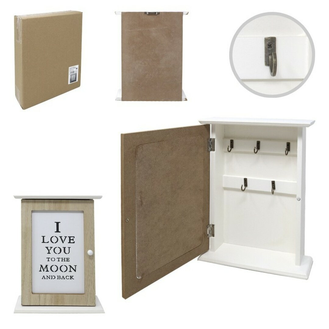 Sleutelkastje Love design - hout - bruin/wit - 25,5 x 20 cm - 5 sleutelhaakjes -