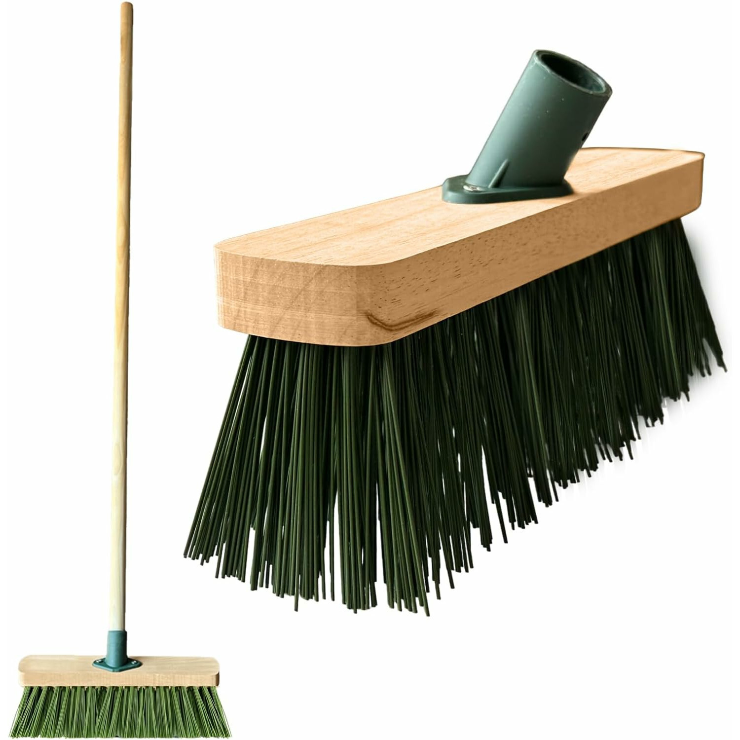 Straatbezem/buitenbezem - groen - hout - hard - 34 cm - 140 cm - ophang oog - extra lang -