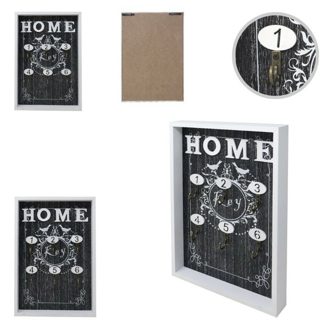 Sleutelkastje Home design - hout - zwart/wit - 30 x 20 cm - 6 sleutelhaakjes -