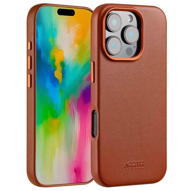 Accezz MagSafe Leather Backcover voor iPhone 16 Pro Telefoonhoesje Bruin