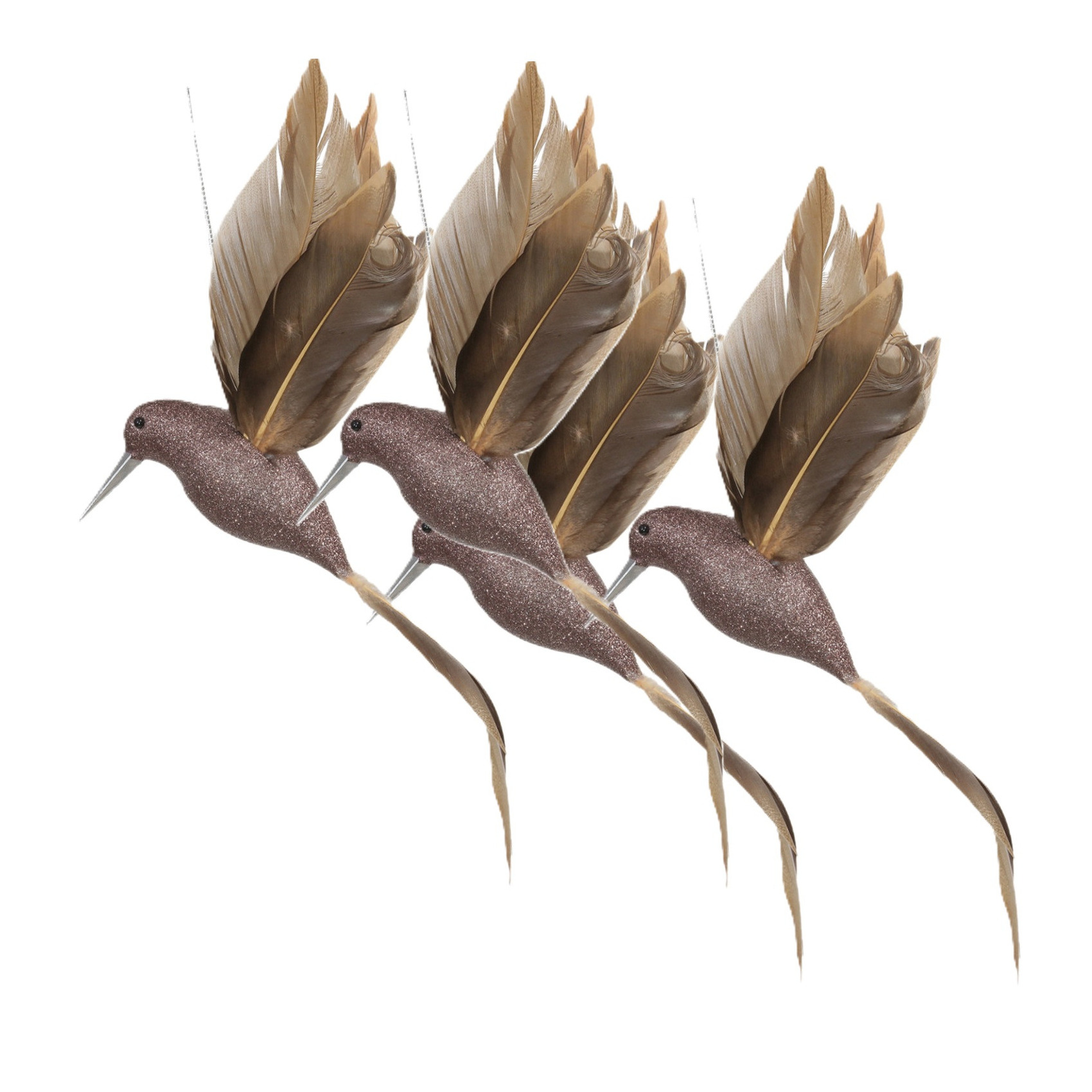 Kolibrie vogels op clip - 4x st - champagne - 22 x 4,5 cm - kunststof- kerstboomversiering -