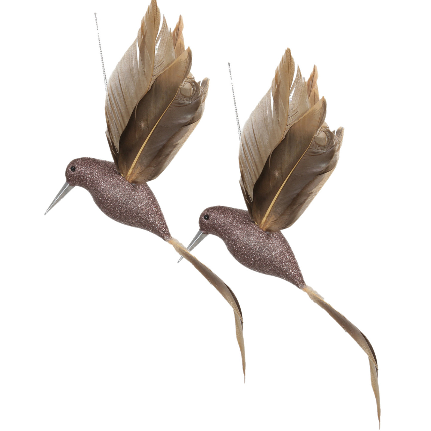 Kolibrie vogels op clip - 2x st - champagne - 22 x 4,5 cm - kunststof- kerstboomversiering -