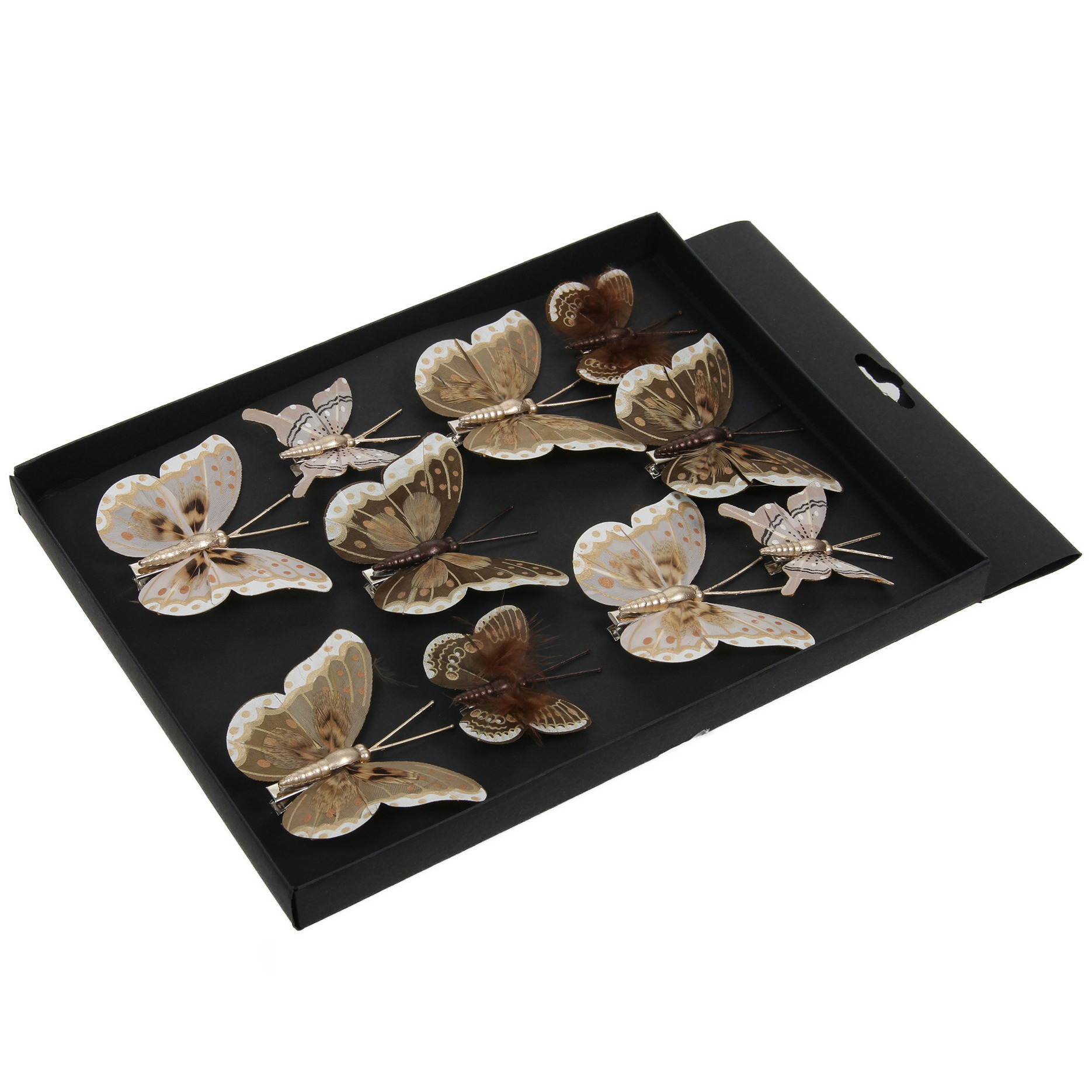 Kerst vlinders op clip - 10x st - creme/bruin - 5-8 cm - kunststof - kerstboomversiering -