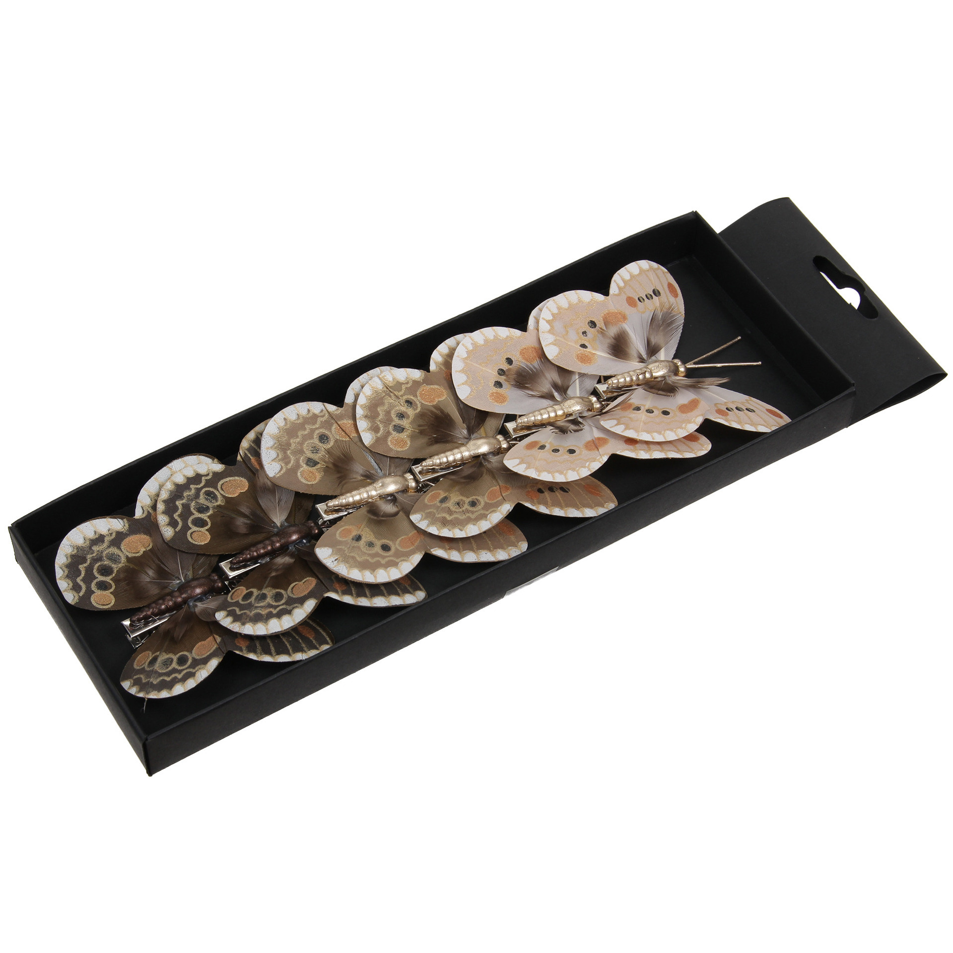 Kerst vlinders op clip - 6x st - bruin tinten - 8 cm - kunststof - kerstboomversiering -