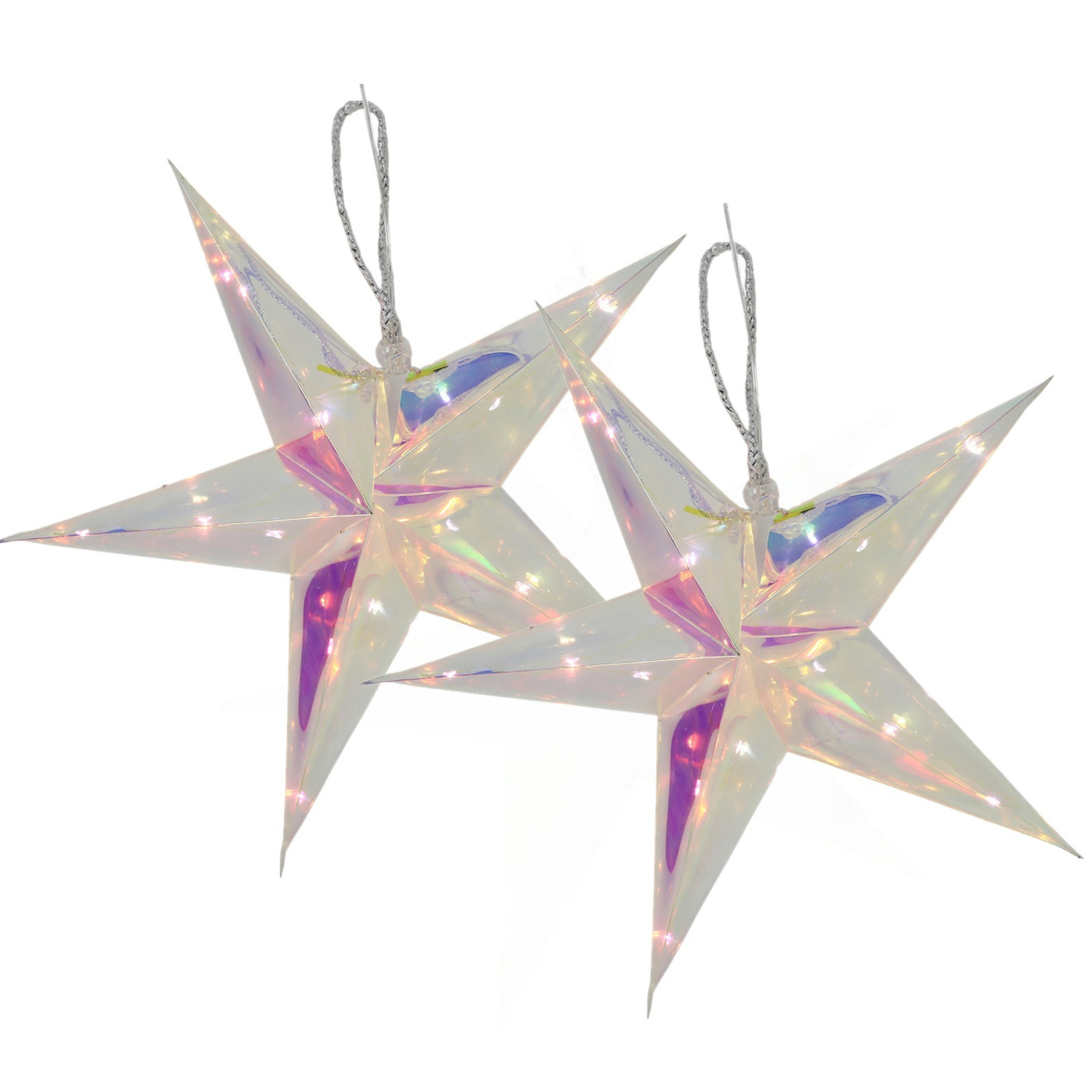 Verlichte kerststerren - 2x - zilver - iriserend- 26 cm - op batterijen - 10 led lampjes -