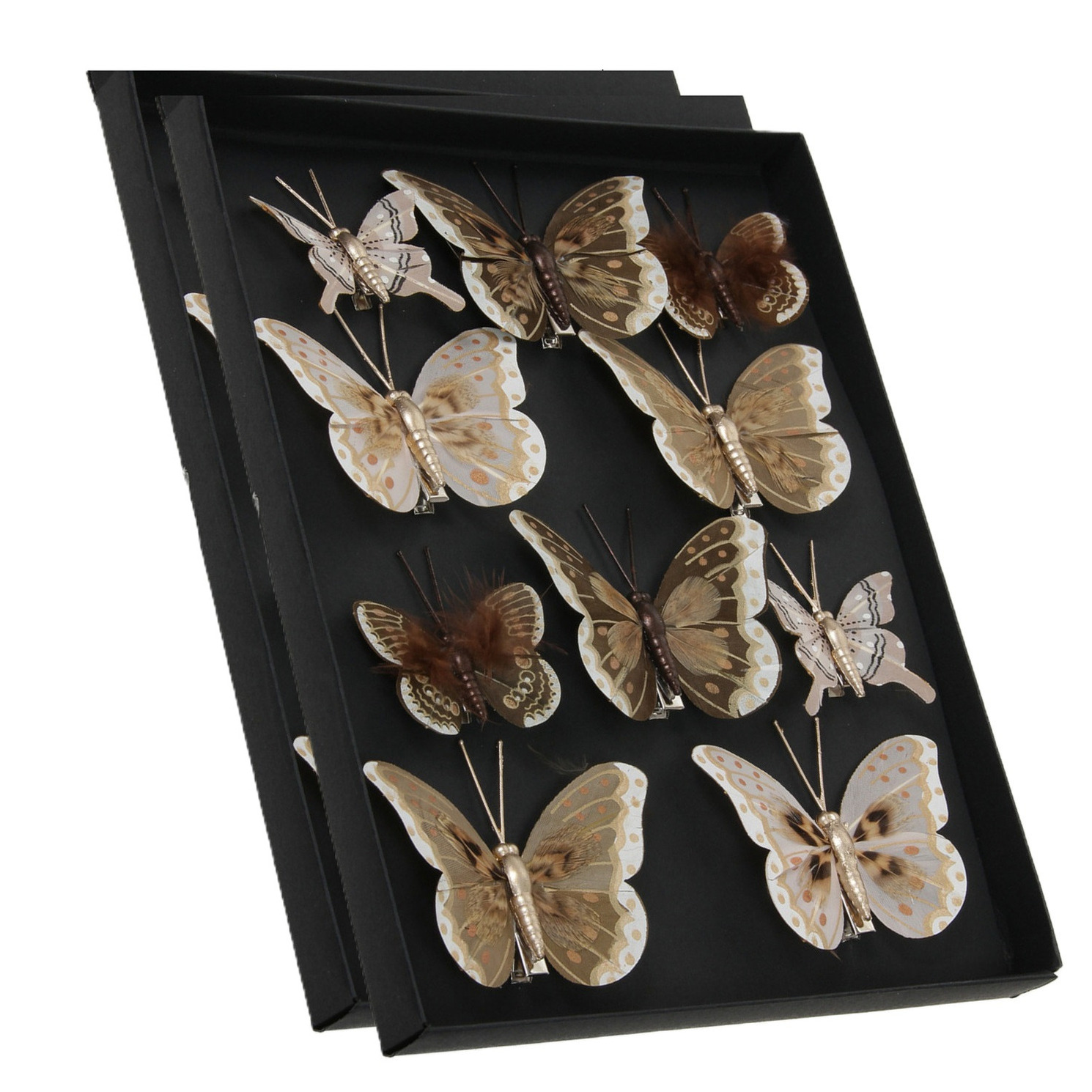 Kerst vlinders op clip - 20x st - creme/bruin - 5-8 cm - kunststof - kerstboomversiering -