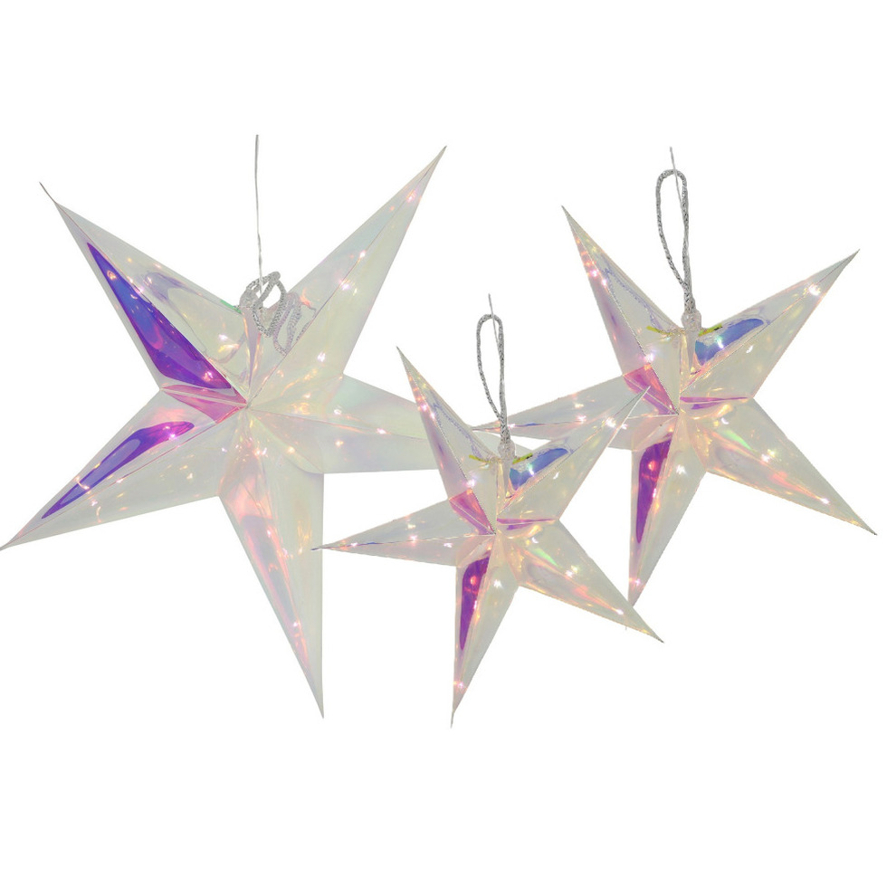 Verlichte kerststerren - 3x st - 26, 34 en 53 cm - zilver - iriserend - op batterijen - led -