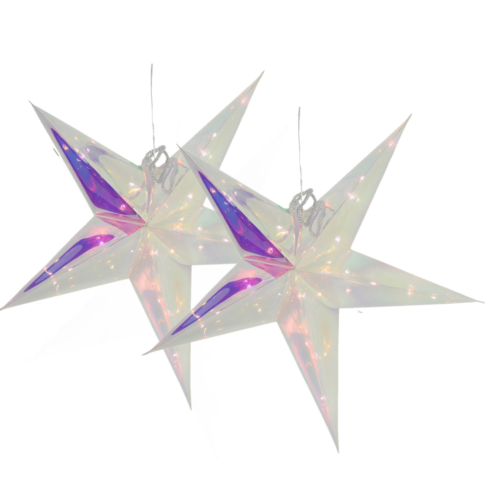 Verlichte kerststerren - 2x - zilver - iriserend- 53 cm - op batterijen - 20 led lampjes -
