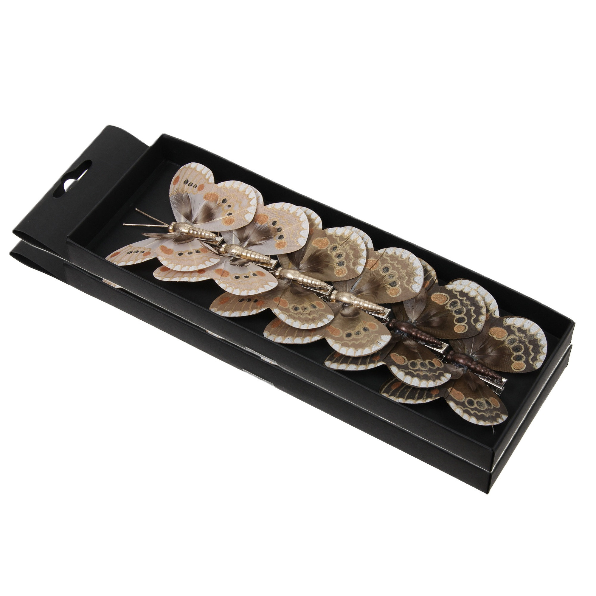 Kerst vlinders op clip - 12x st - bruin tinten - 8 cm - kunststof - kerstboomversiering -