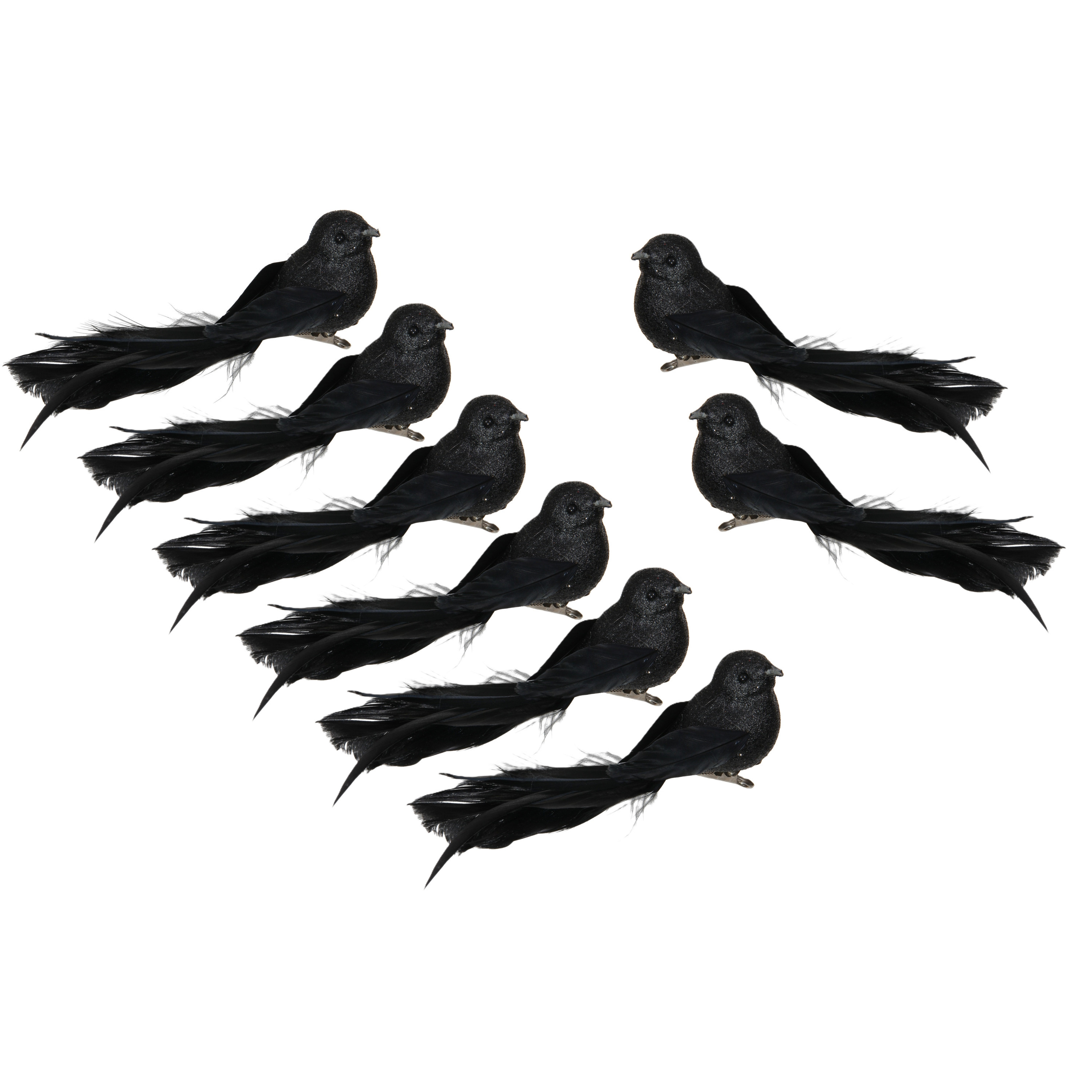 Vogels op clip - 8x st - zwart - 16 x 4 cm - kunststof - kerstboomversiering -