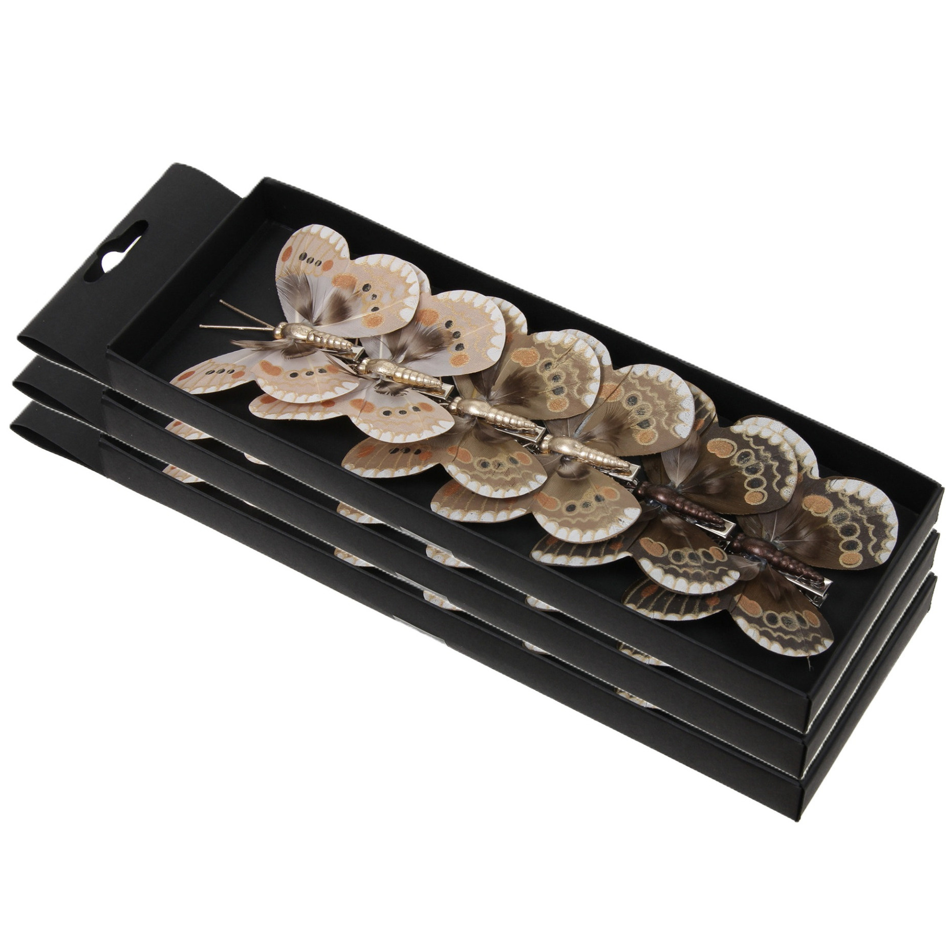 Kerst vlinders op clip - 18x st - bruin tinten - 8 cm - kunststof - kerstboomversiering -
