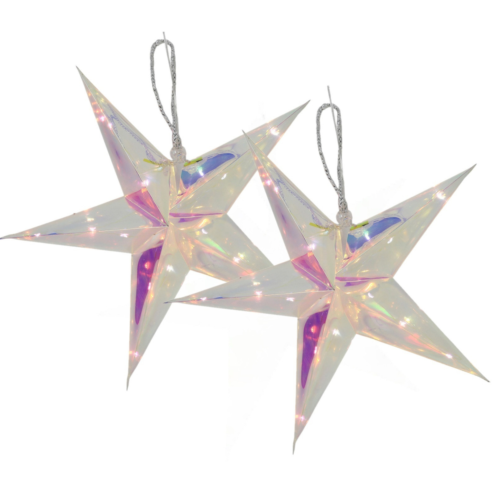 Verlichte kerststerren - 2x - zilver - iriserend- 34 cm - op batterijen - 15 led lampjes -